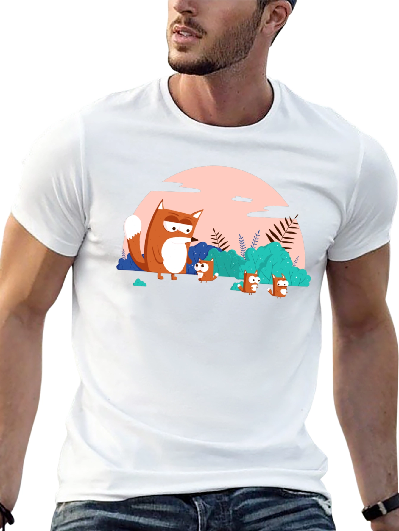 Cartoon Fox Family Black T-Shirt