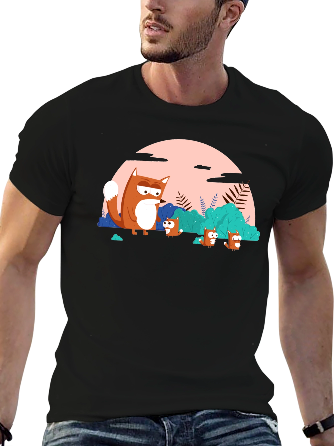 Cartoon Fox Family Black T-Shirt