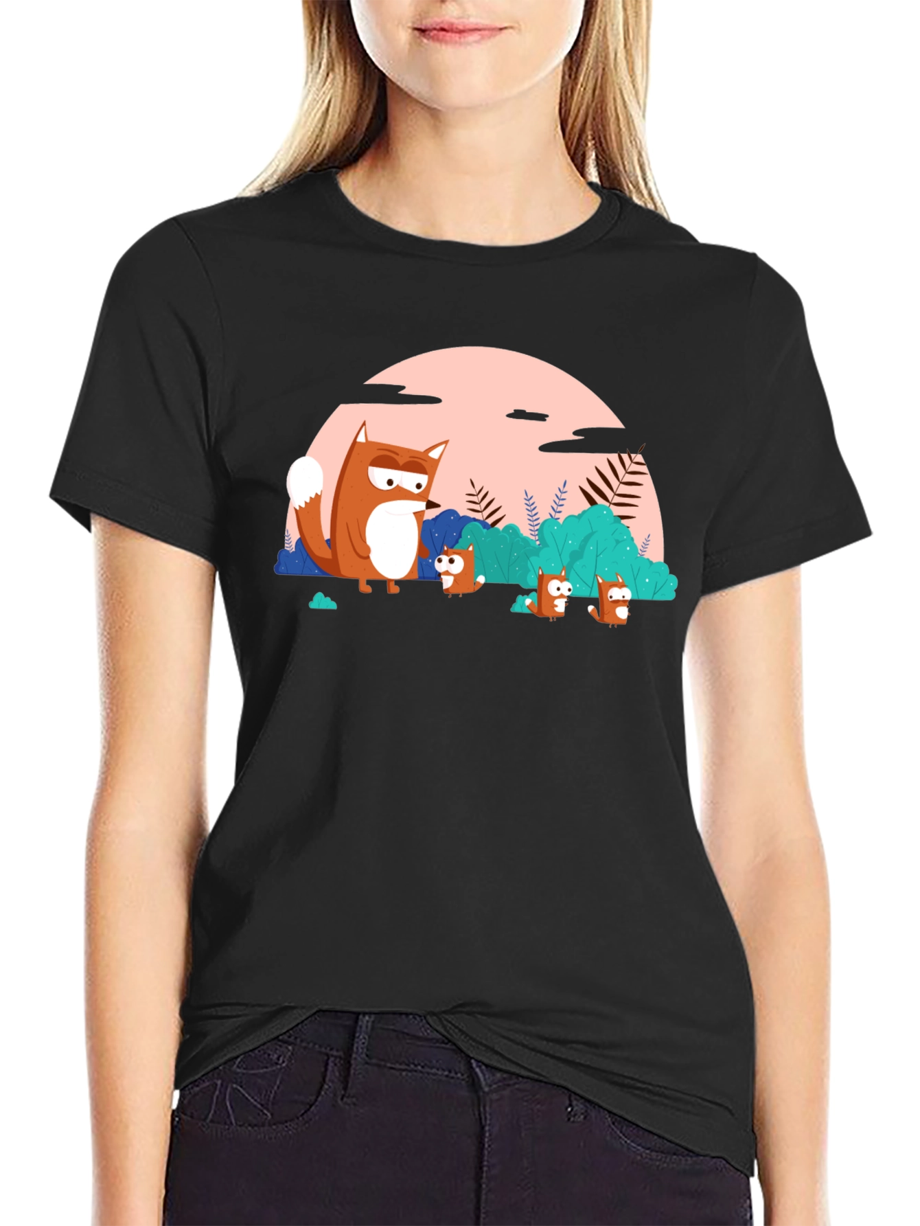 Cartoon Fox Family Black T-Shirt