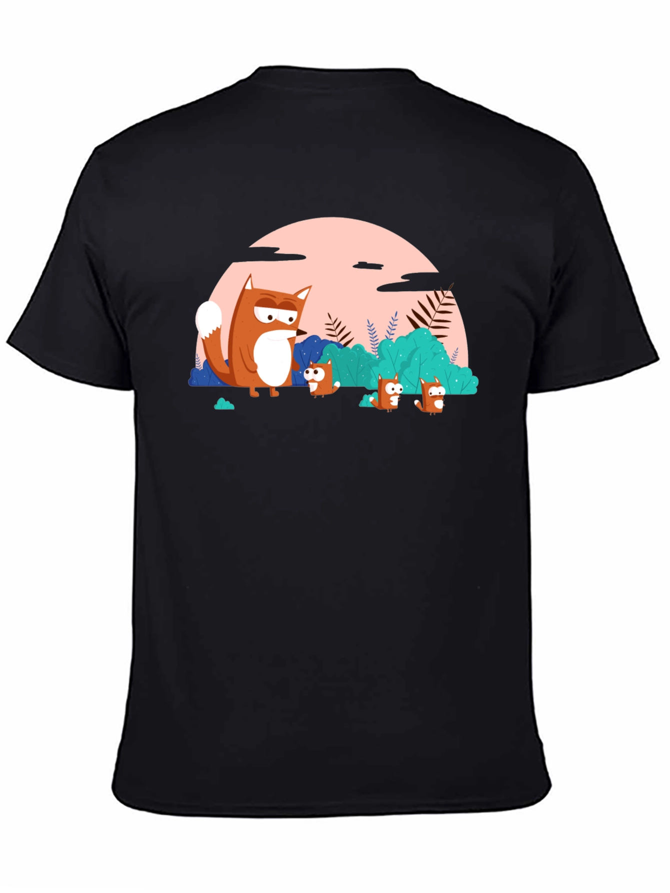 Cartoon Fox Family Black T-Shirt