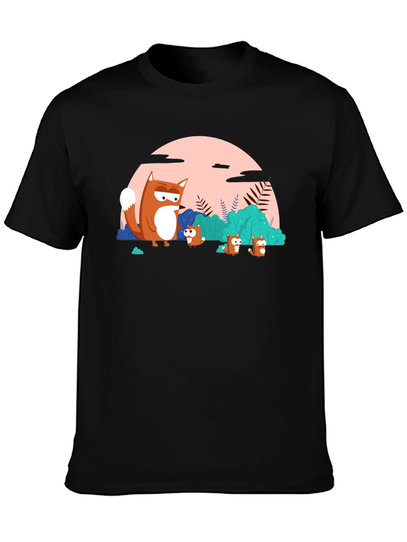 Cartoon Fox Family Black T-Shirt