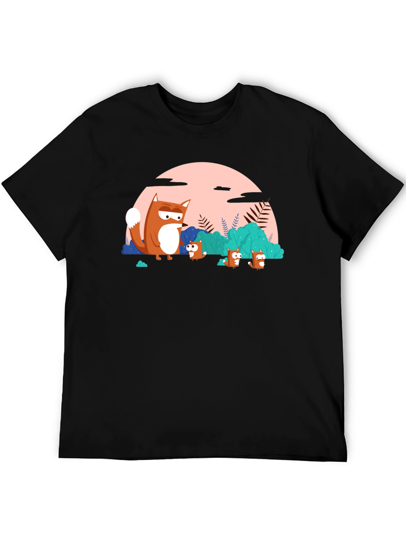 Cartoon Fox Family Black T-Shirt