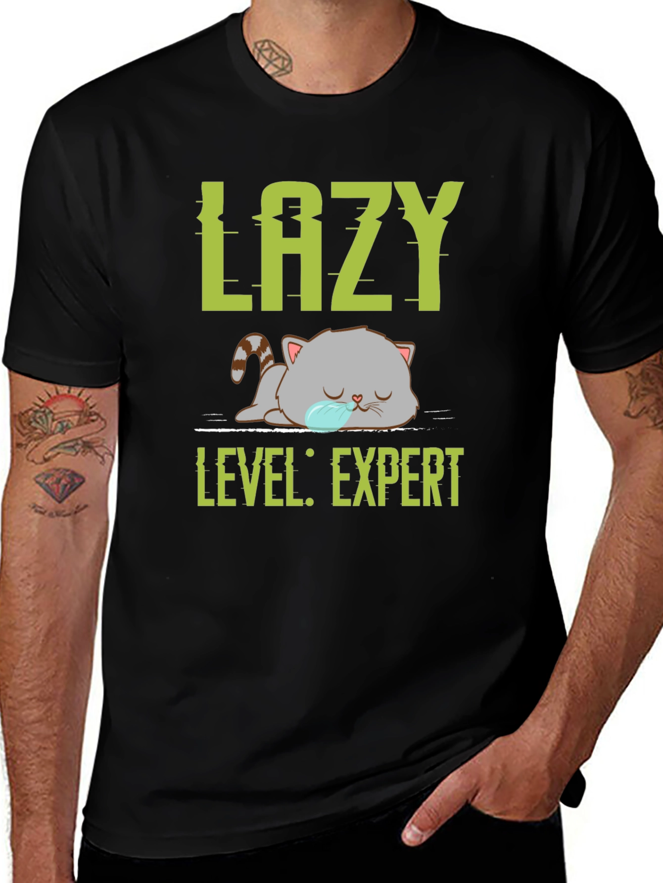 Lazy Expert Cat Graphic Tee - Black