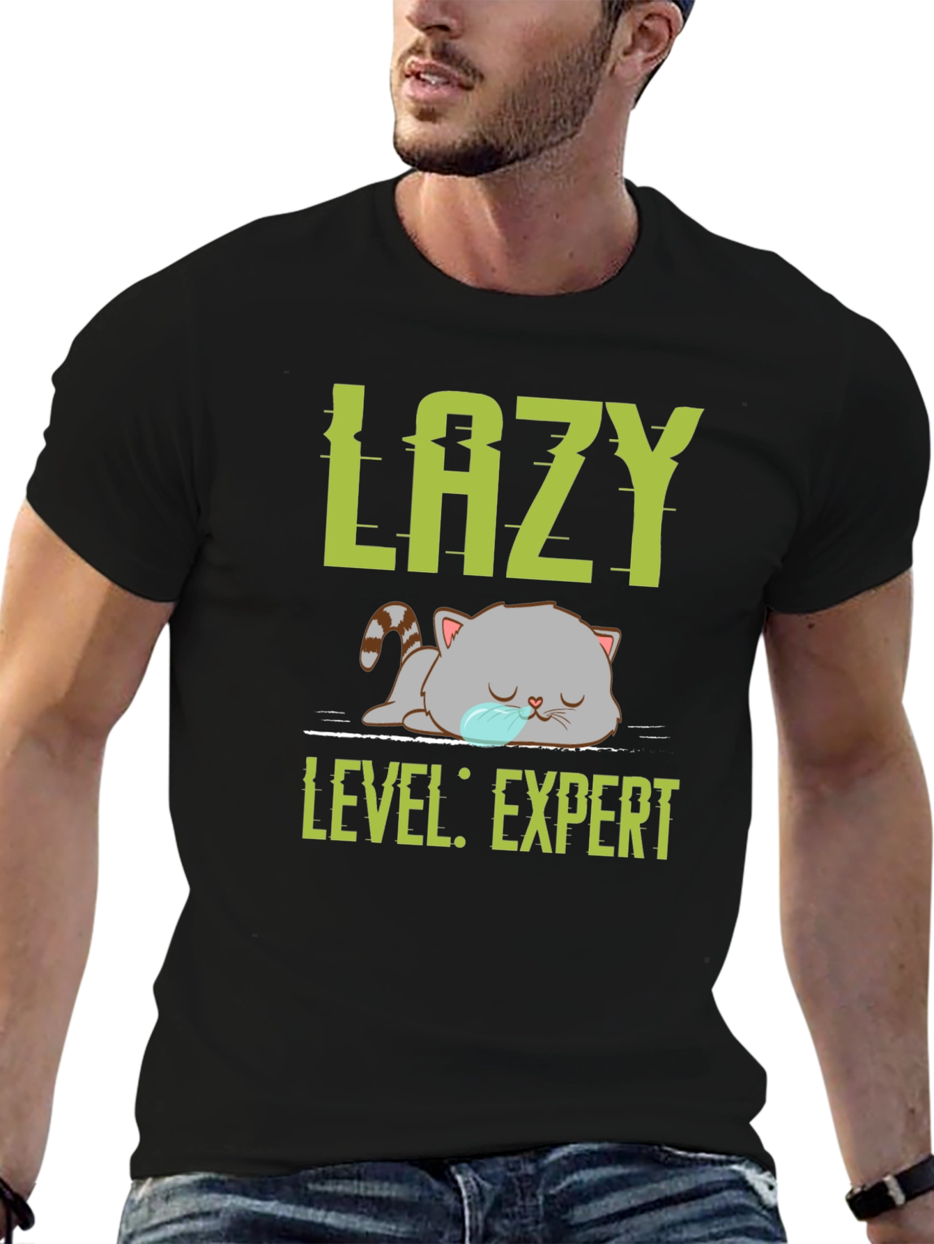Lazy Expert Cat Graphic Tee - Black