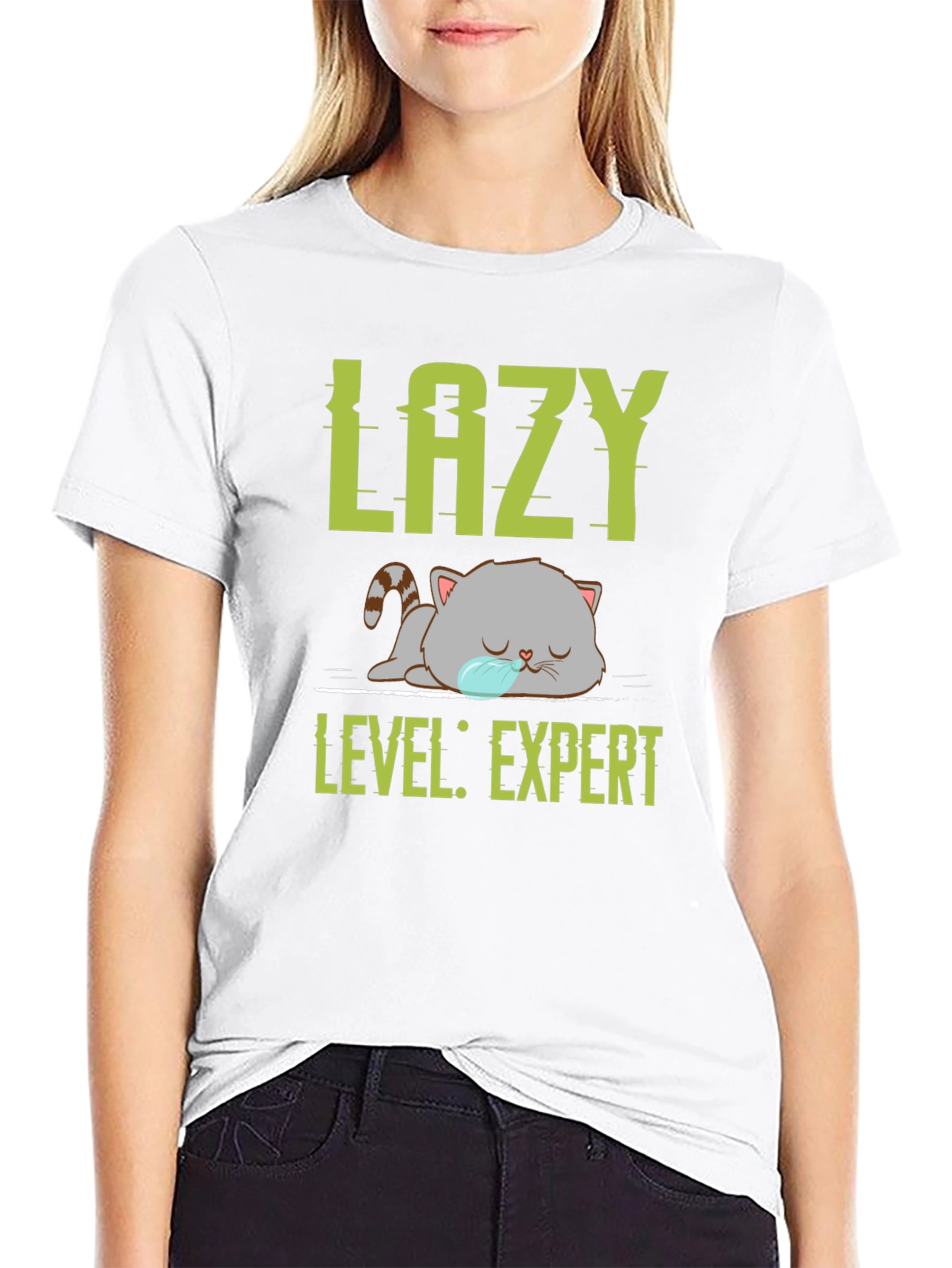 Lazy Expert Cat Graphic Tee - Black