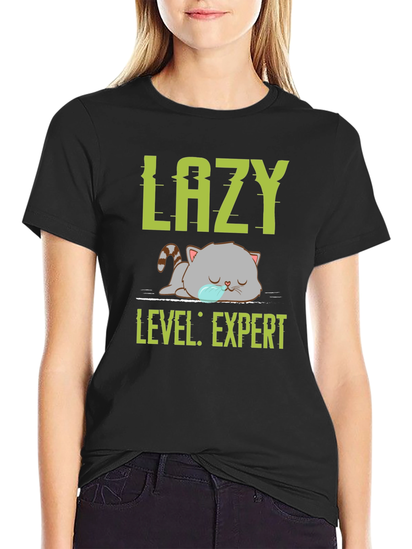 Lazy Expert Cat Graphic Tee - Black