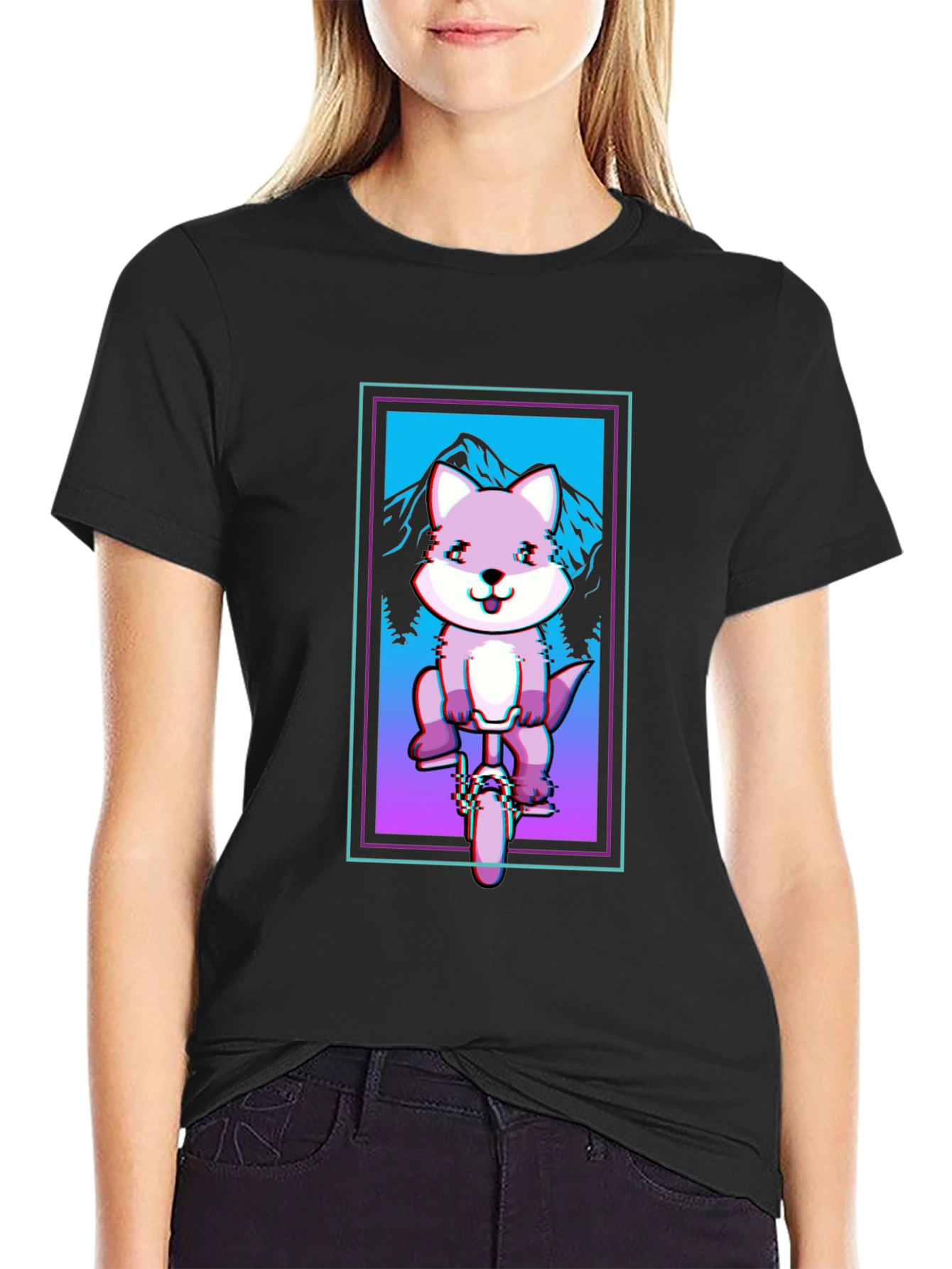 Fox on Unicycle T-Shirt - Glitch Art Style
