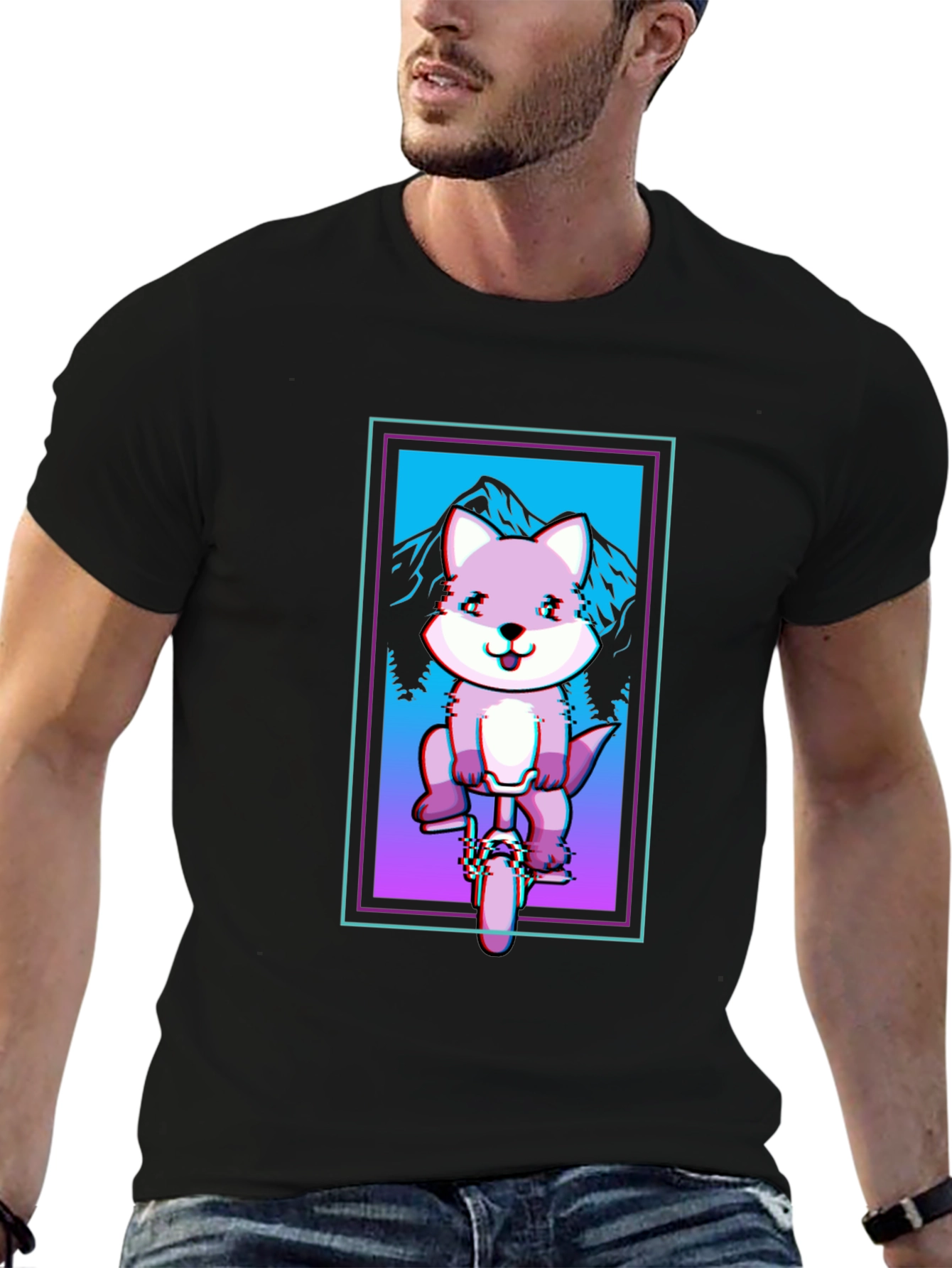 Fox on Unicycle T-Shirt - Glitch Art Style