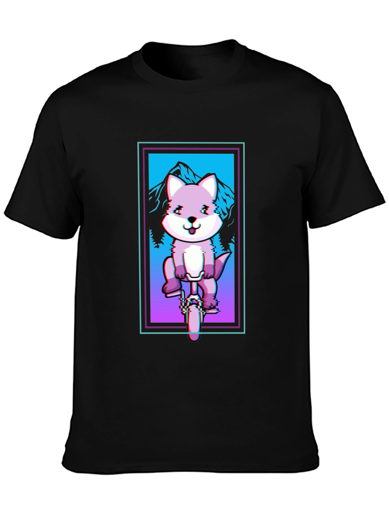 Fox on Unicycle T-Shirt - Glitch Art Style