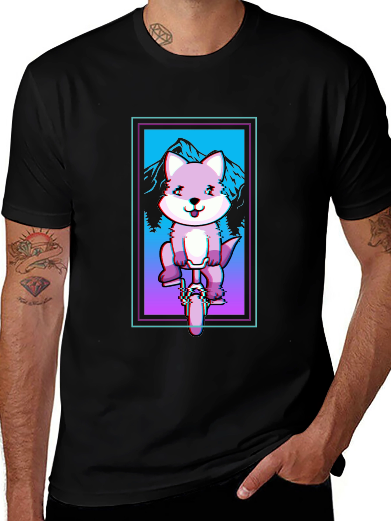 Fox on Unicycle T-Shirt - Glitch Art Style