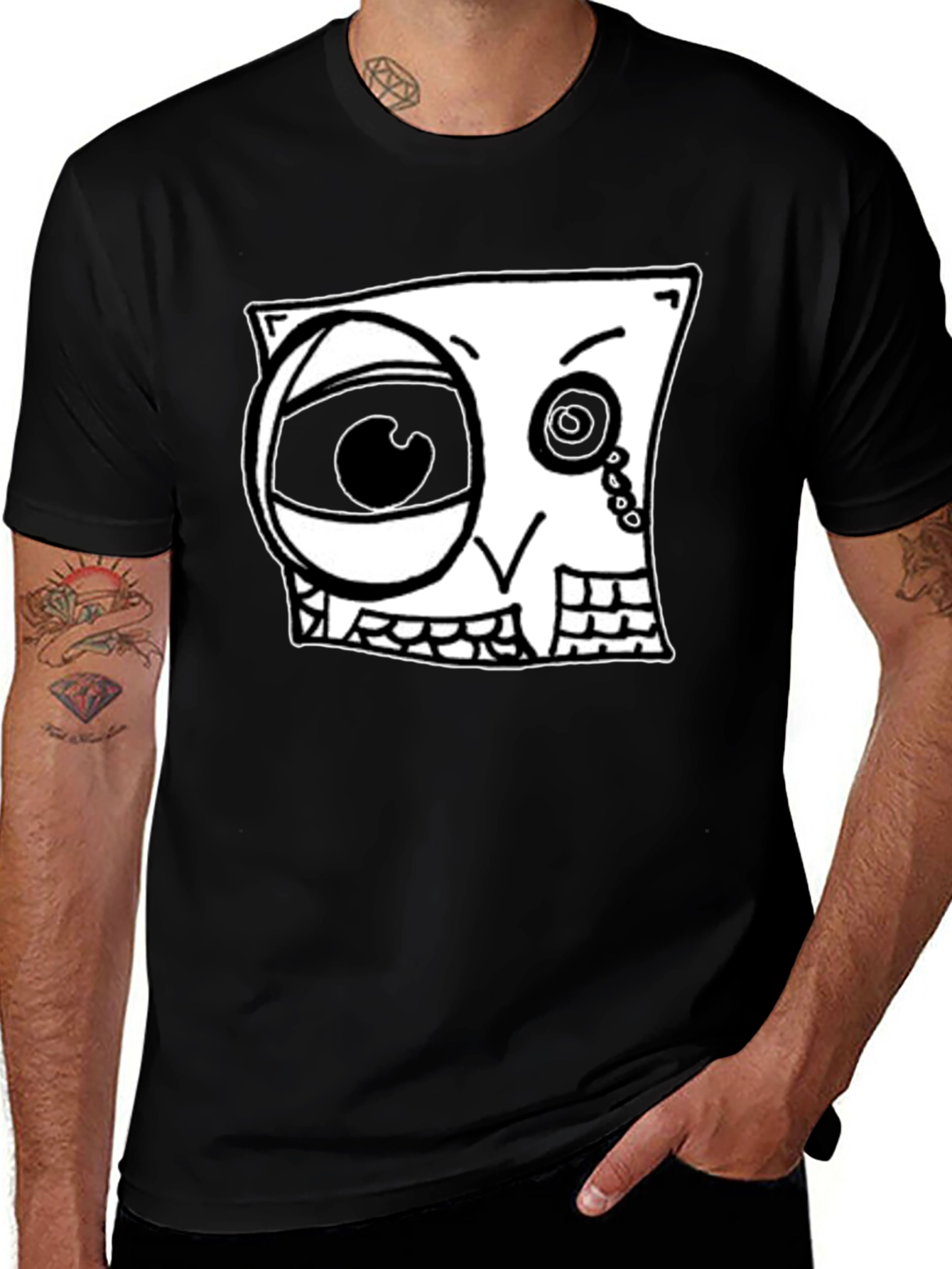 Abstract Cartoon Face Graphic Black T-Shirt