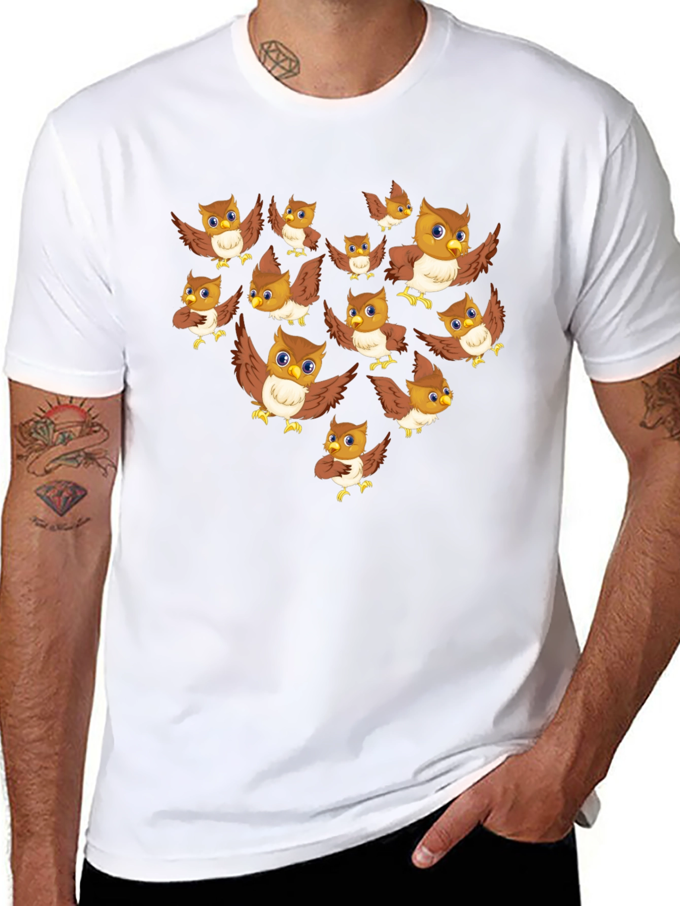 Owl Pattern T-Shirt - Black Crew Neck Tee