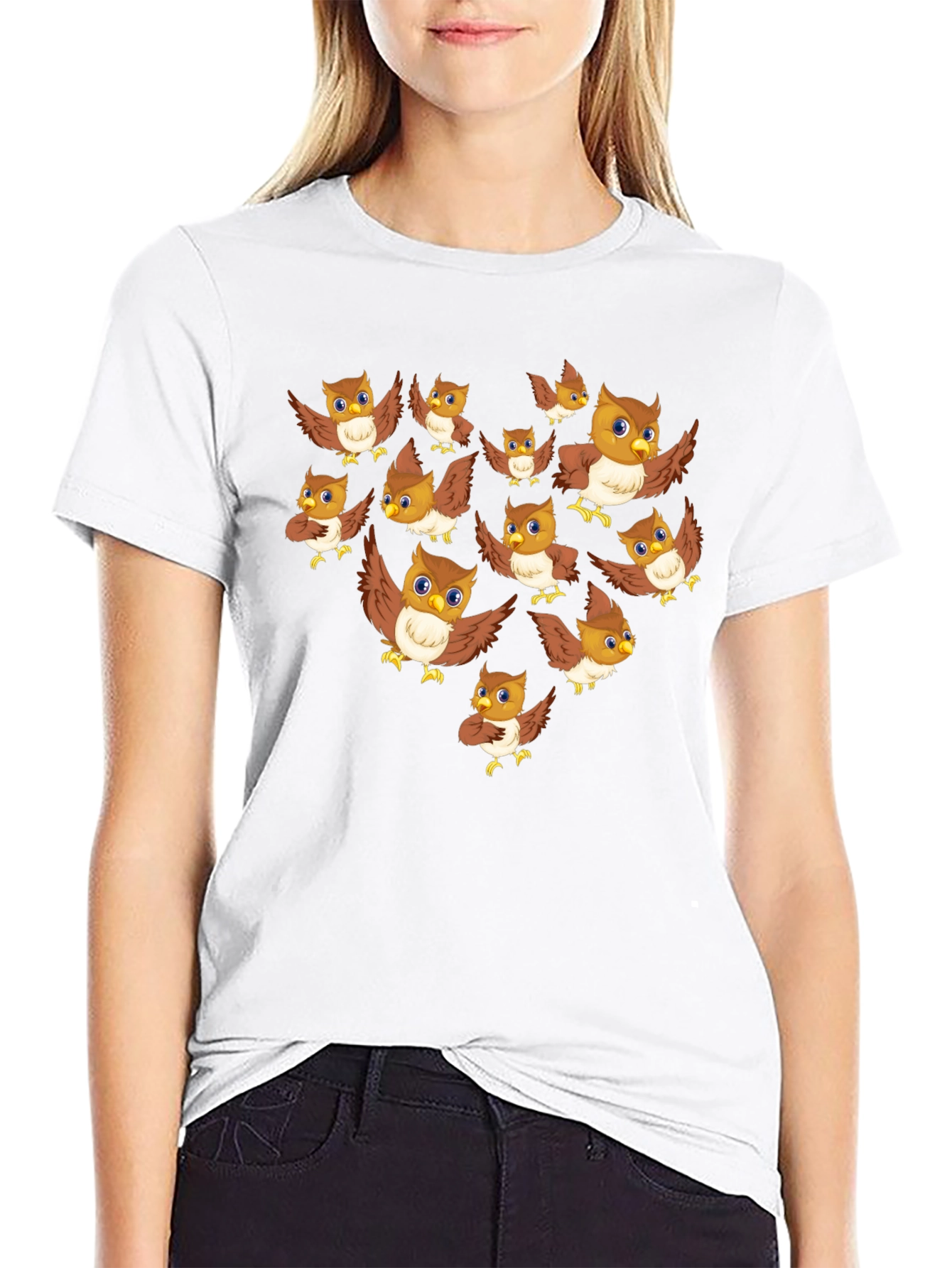 Owl Pattern T-Shirt - Black Crew Neck Tee