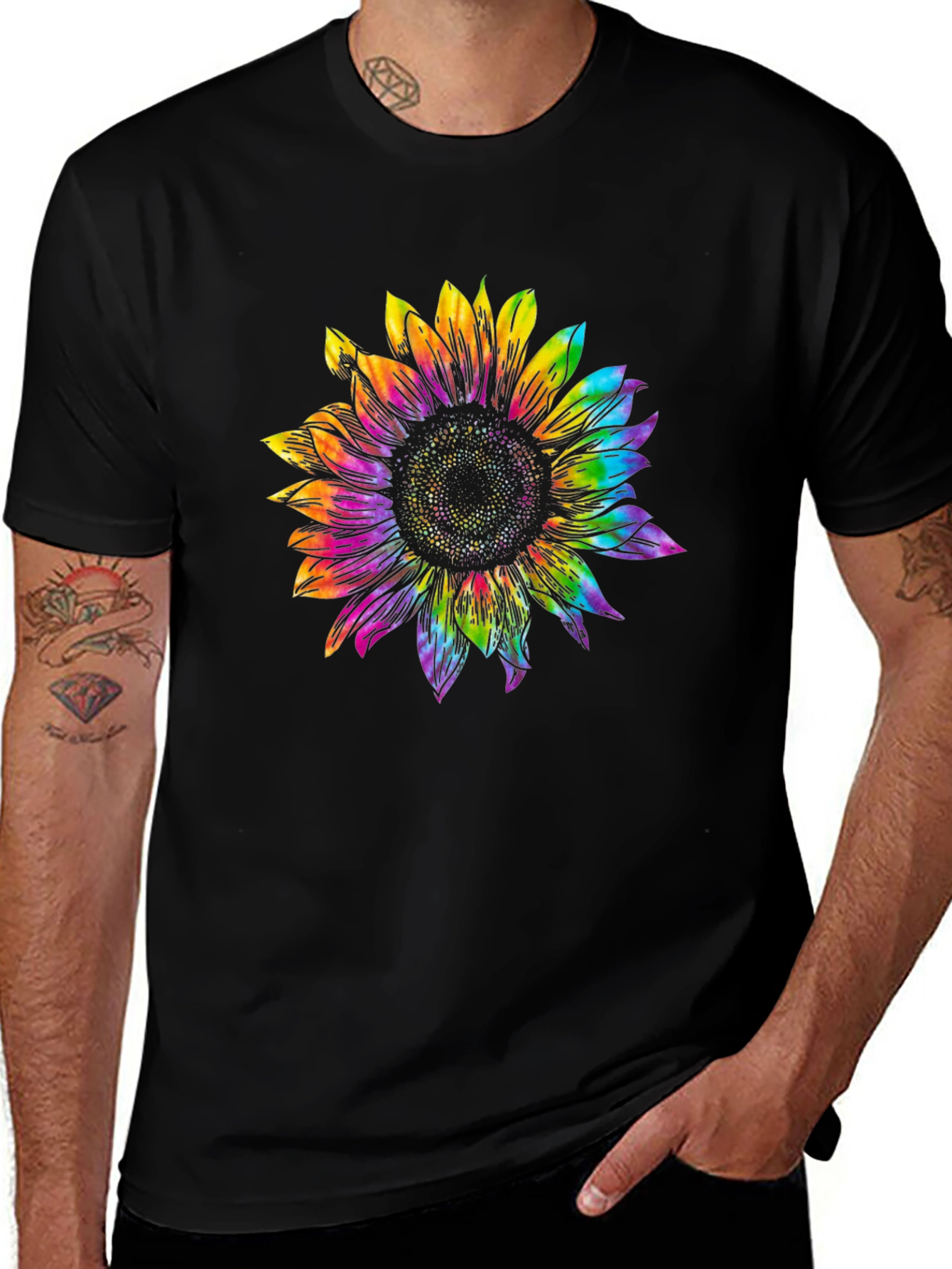 Rainbow Sunflower Graphic Tee - Black Unisex T-Shirt