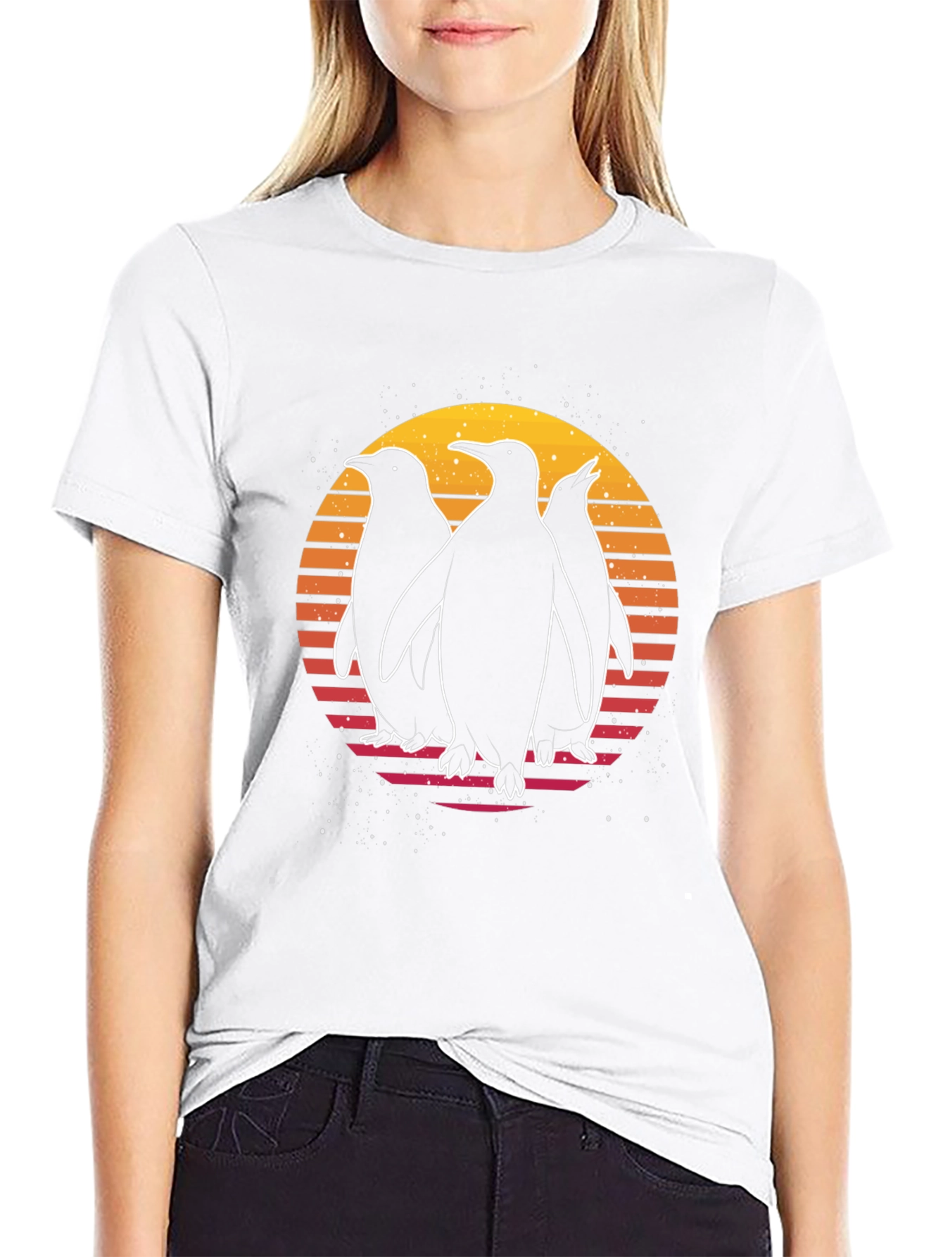 Retro Penguin Sunset Graphic T-Shirt
