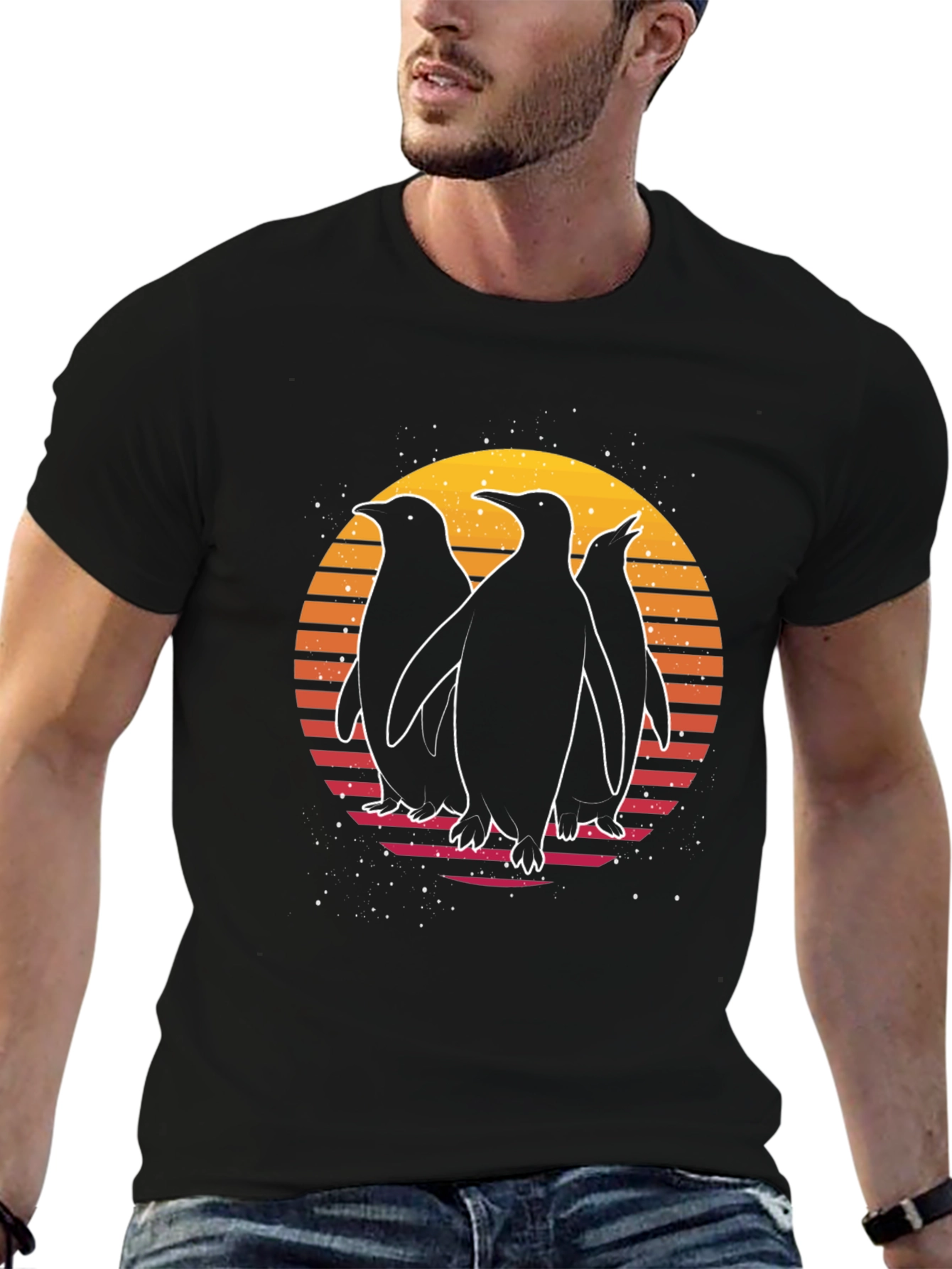 Retro Penguin Sunset Graphic T-Shirt
