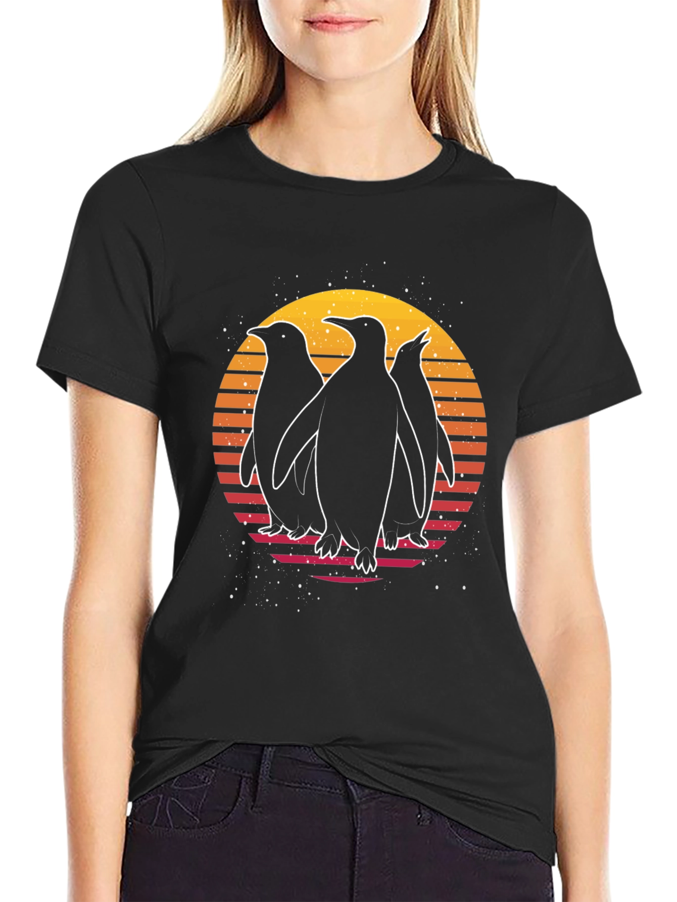 Retro Penguin Sunset Graphic T-Shirt