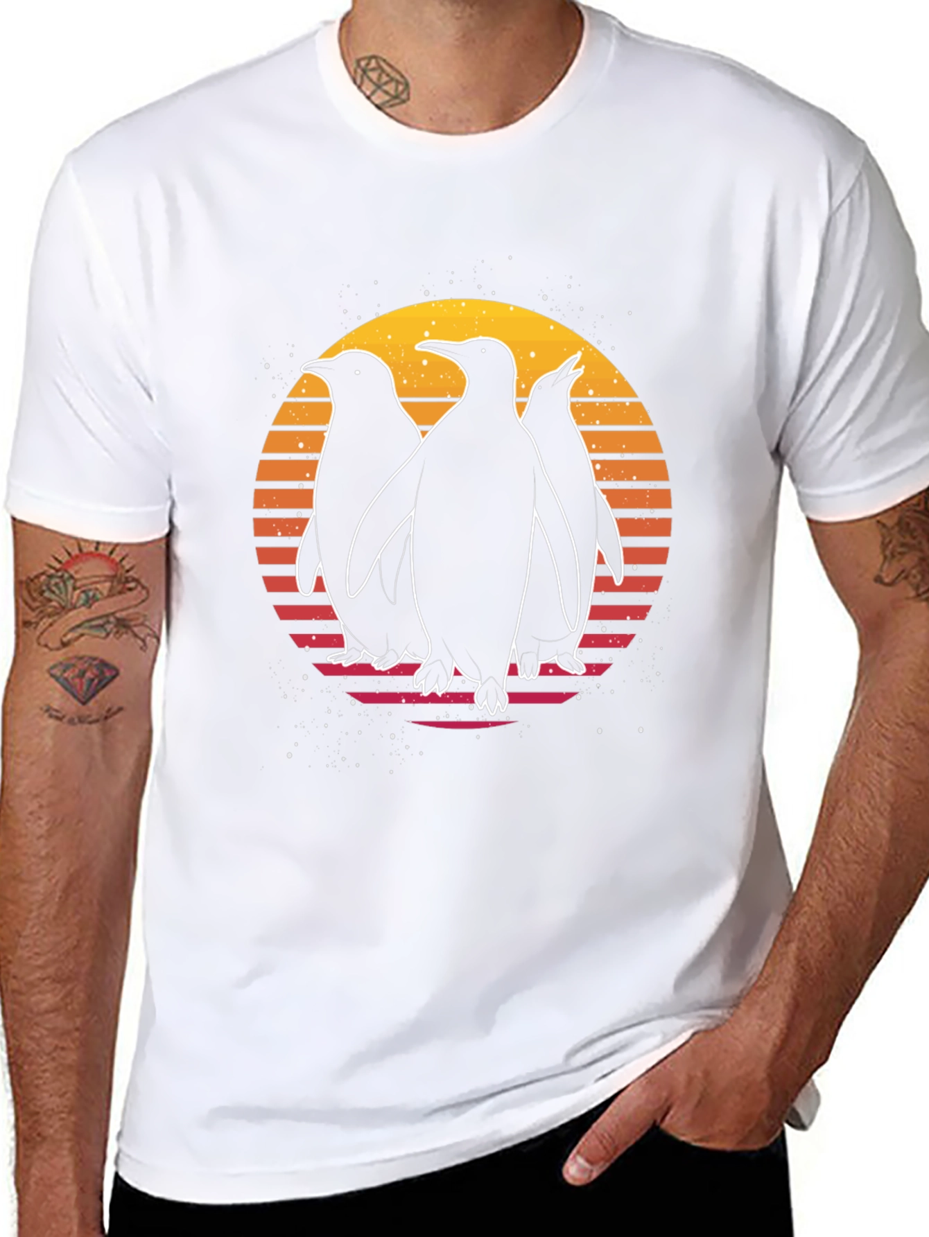 Retro Penguin Sunset Graphic T-Shirt