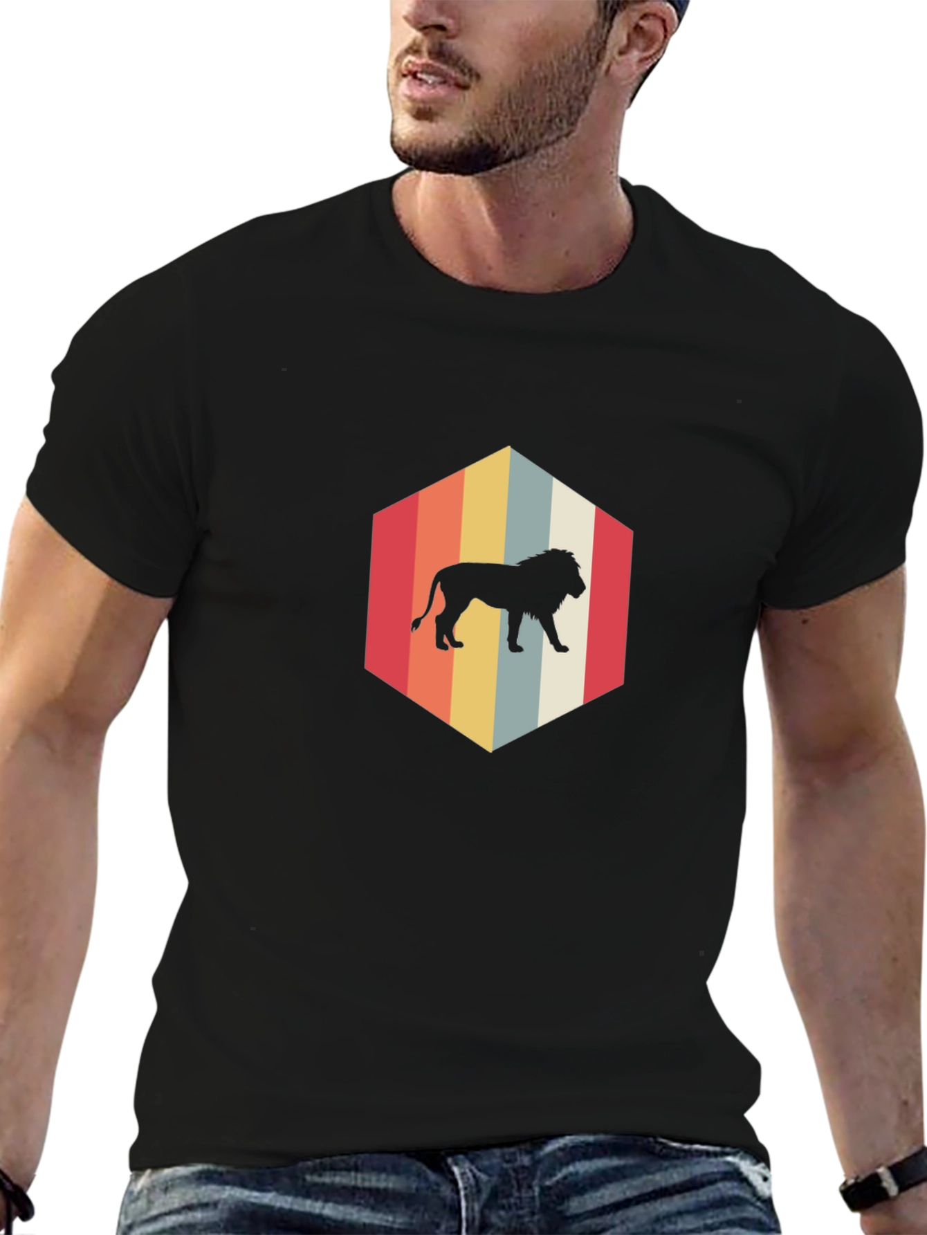 Retro Lion Hexagon Graphic T-Shirt