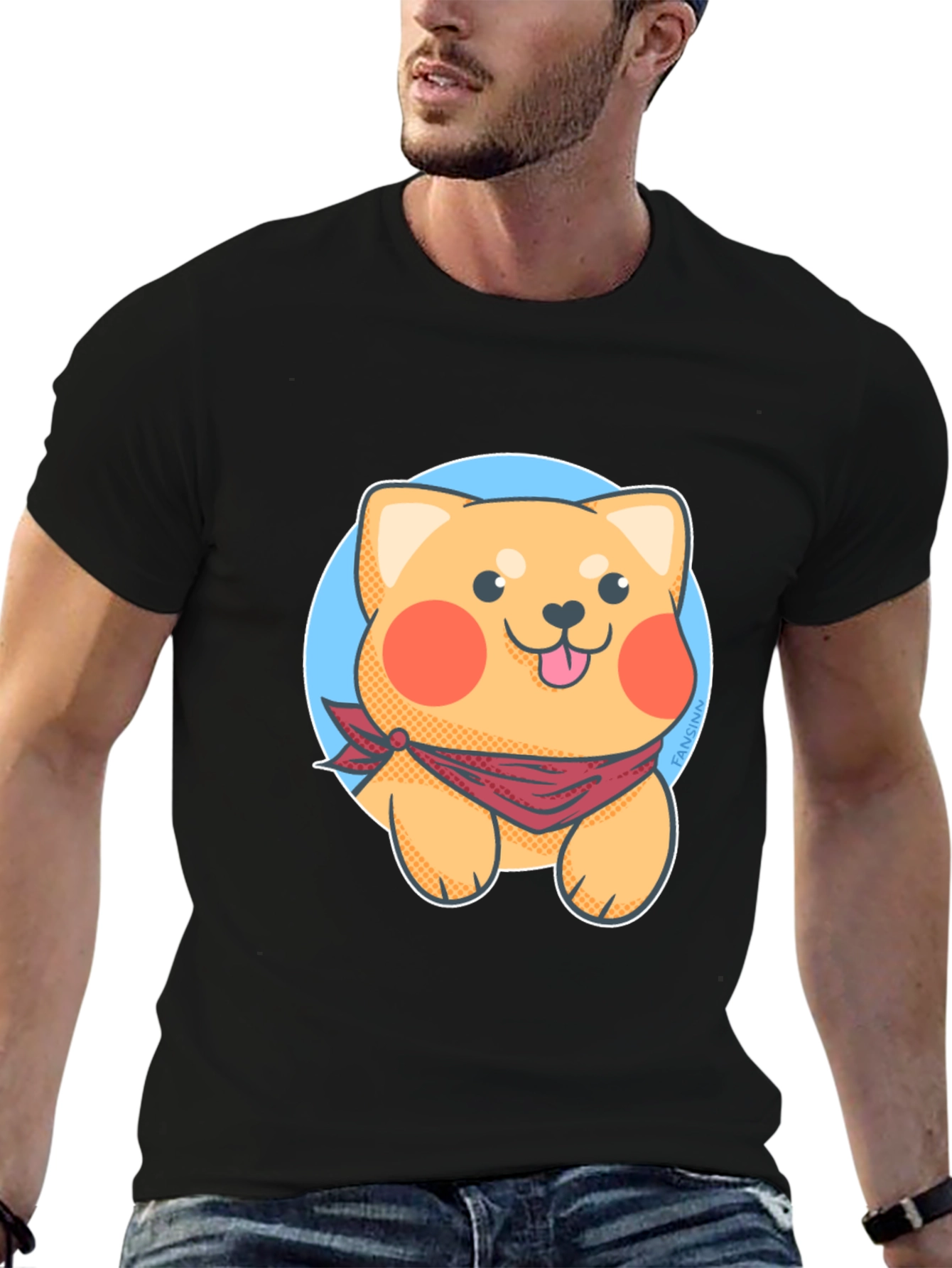 Cute Cartoon Dog Graphic Tee - Black
