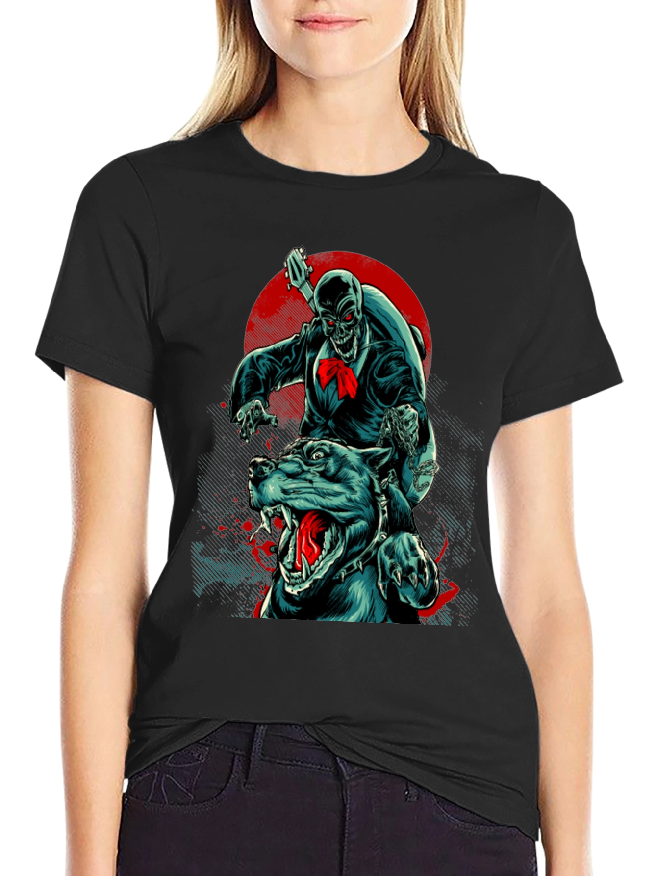Skeleton Riding Dog Graphic T-Shirt