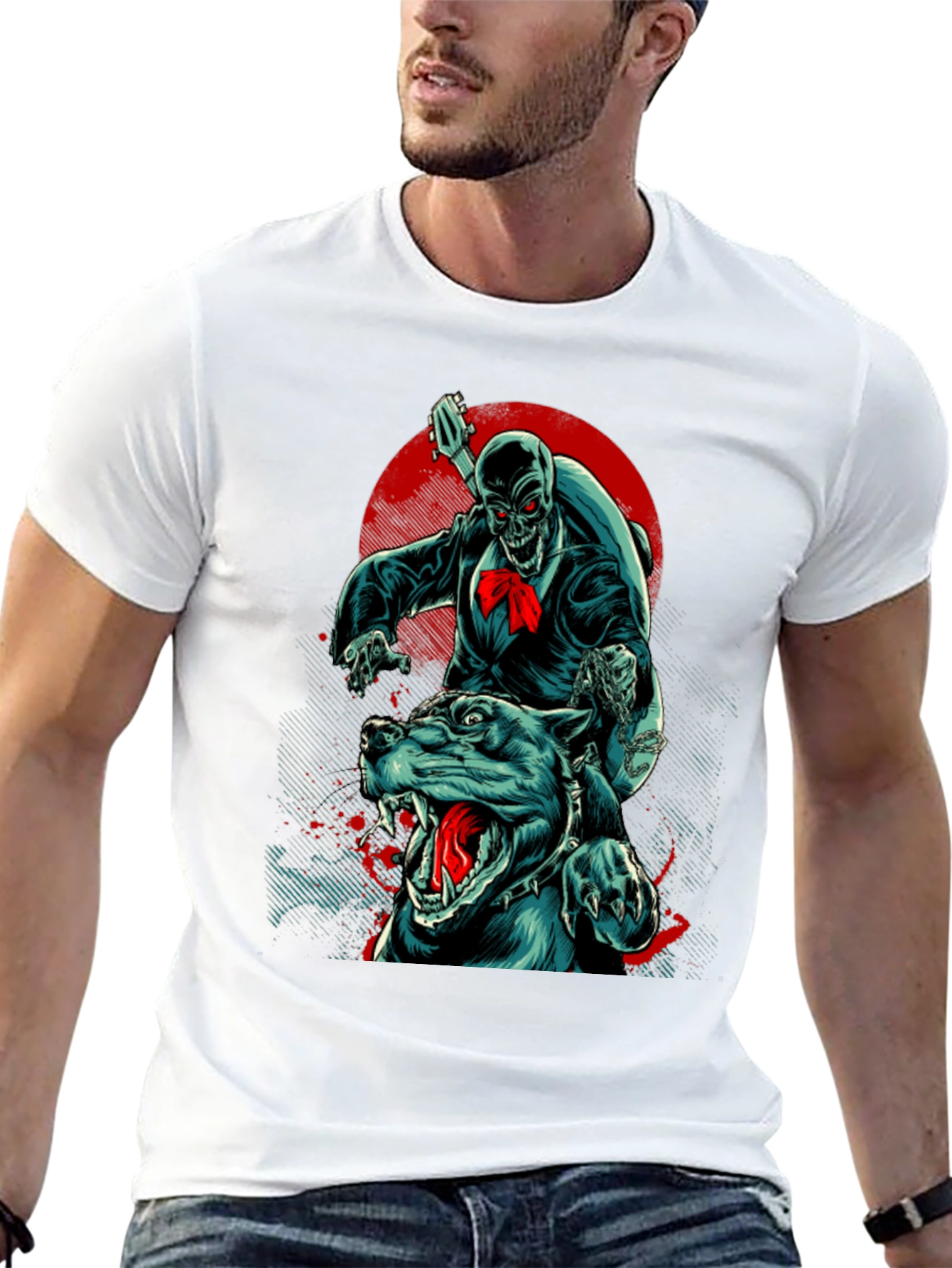 Skeleton Riding Dog Graphic T-Shirt