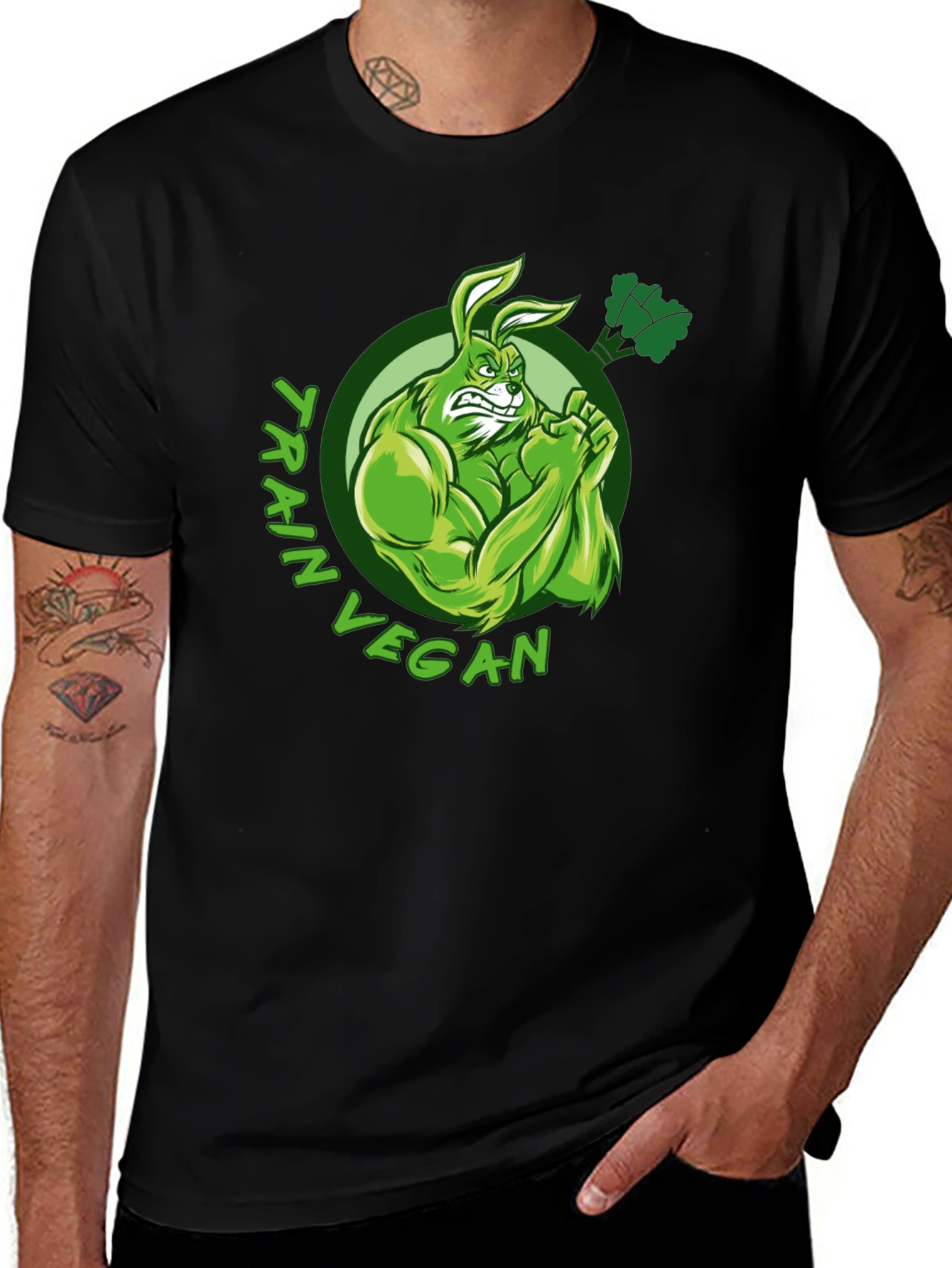 Train Vegan T-Shirt: Muscular Rabbit Design