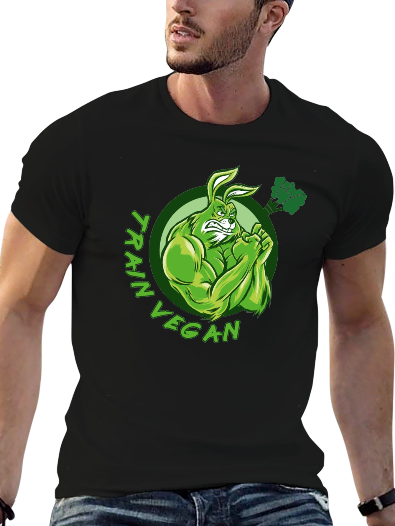 Train Vegan T-Shirt: Muscular Rabbit Design