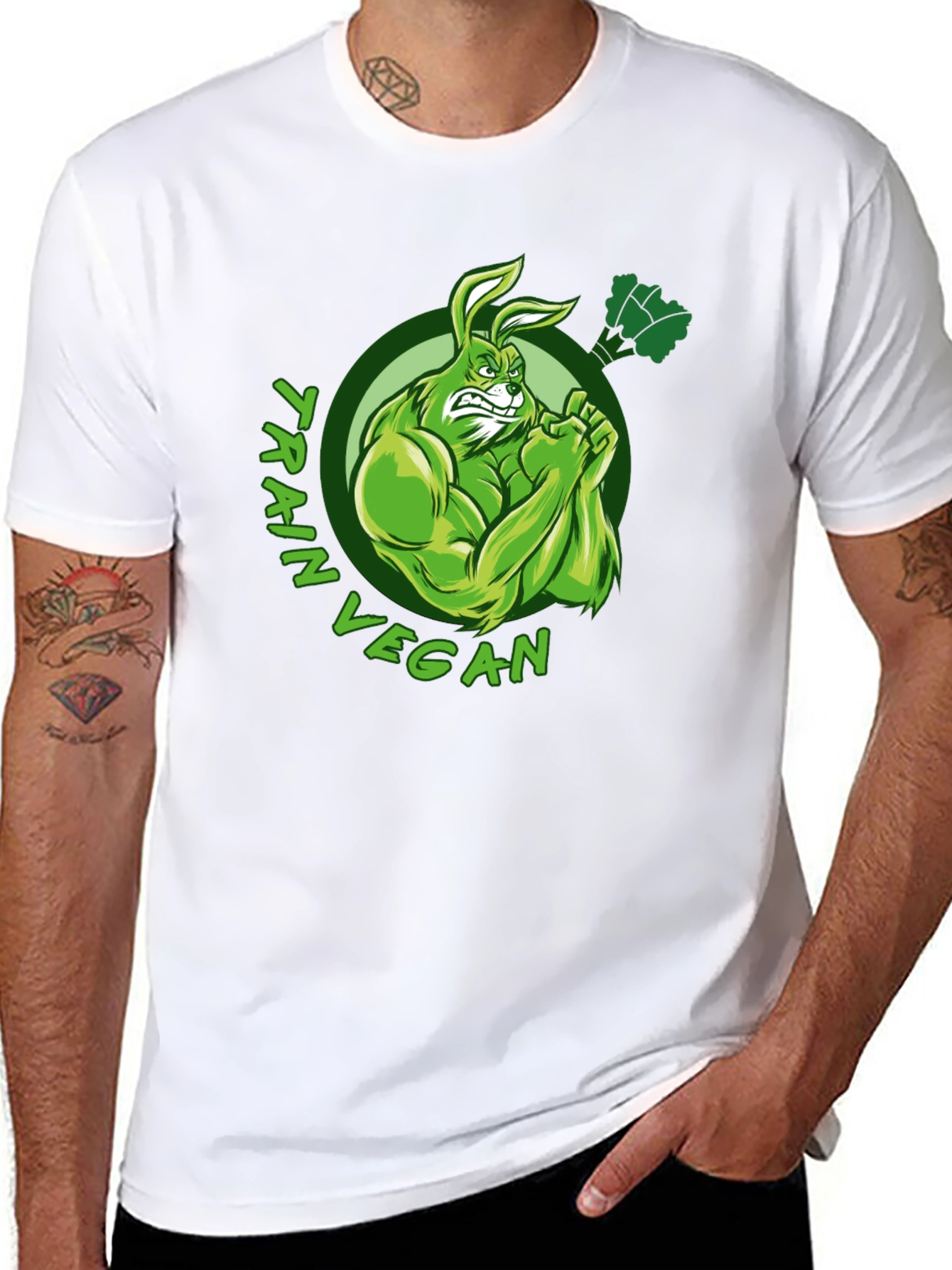Train Vegan T-Shirt: Muscular Rabbit Design