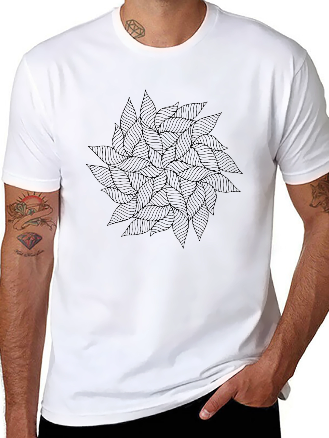 Abstract Leaf Pattern Black T-Shirt for Men