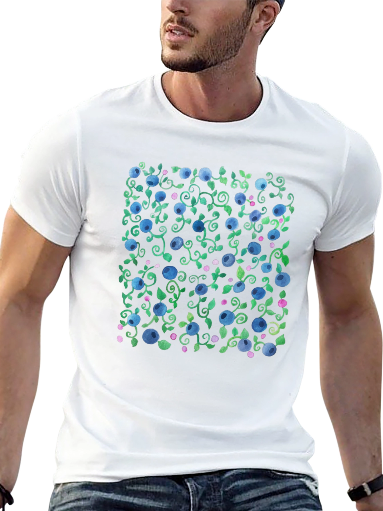 Blueberry Vine Print Crew Neck T-Shirt