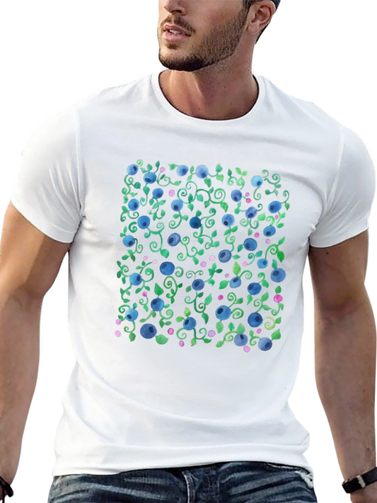 Blueberry Vine Print Crew Neck T-Shirt