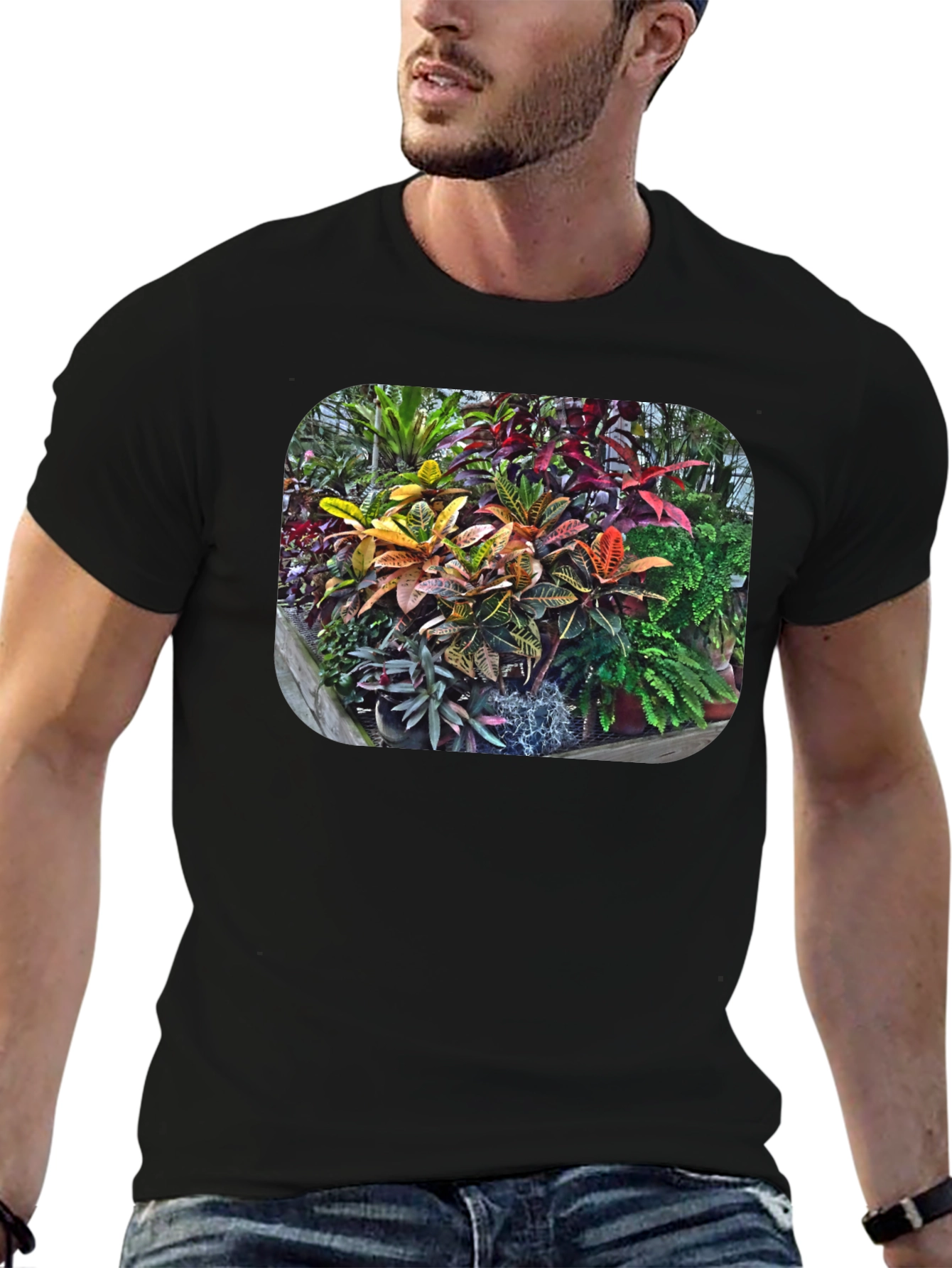 Tropical Plant Print T-Shirt - Black