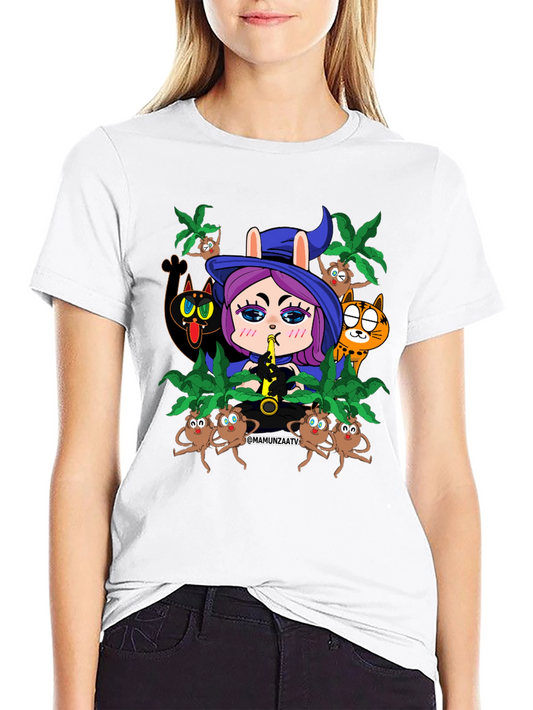 Cartoon Witch Print Black T-Shirt