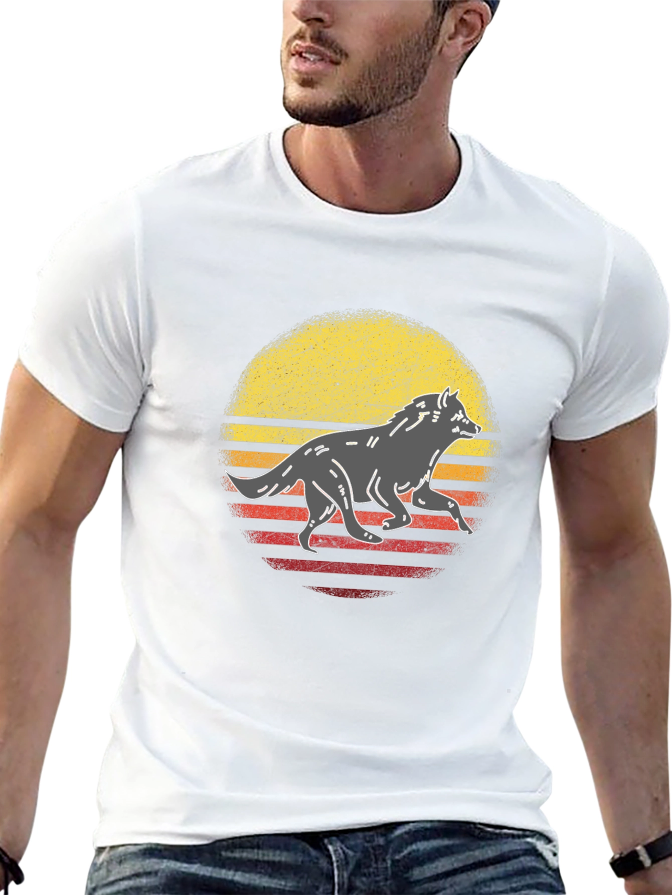 Retro Wolf Graphic Tee - Black Cotton T-Shirt