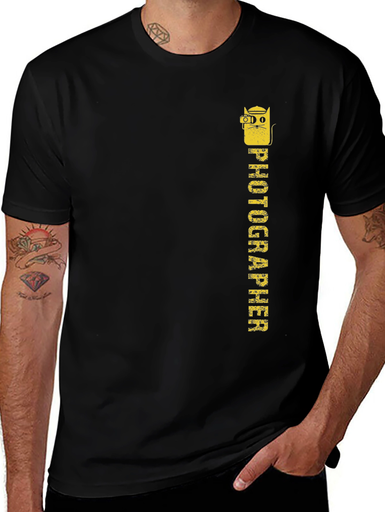 Photographer Cat Graphic Tee - Black Cotton T-Shirt