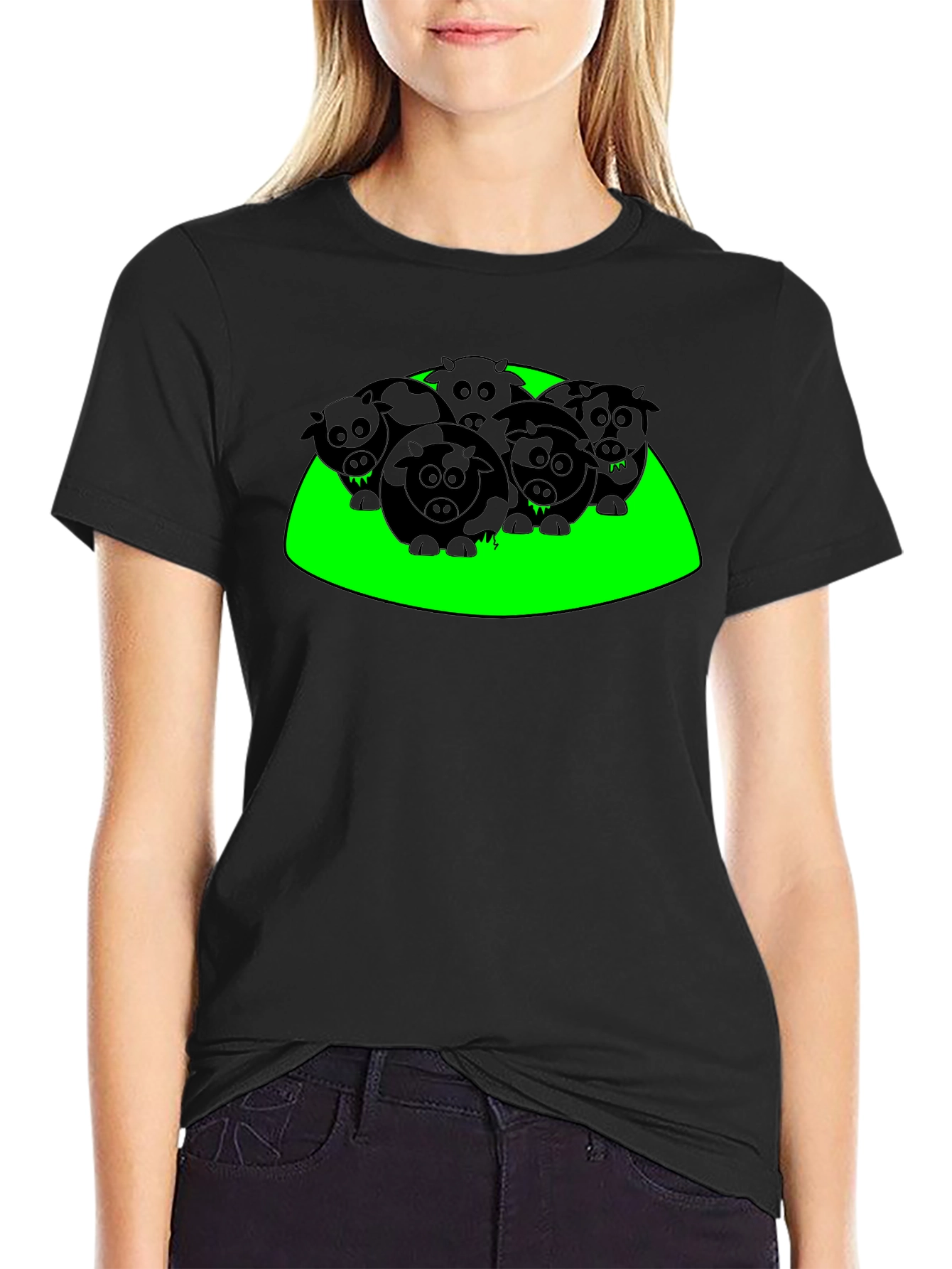 Cartoon Cows Graphic Tee - Black T-Shirt