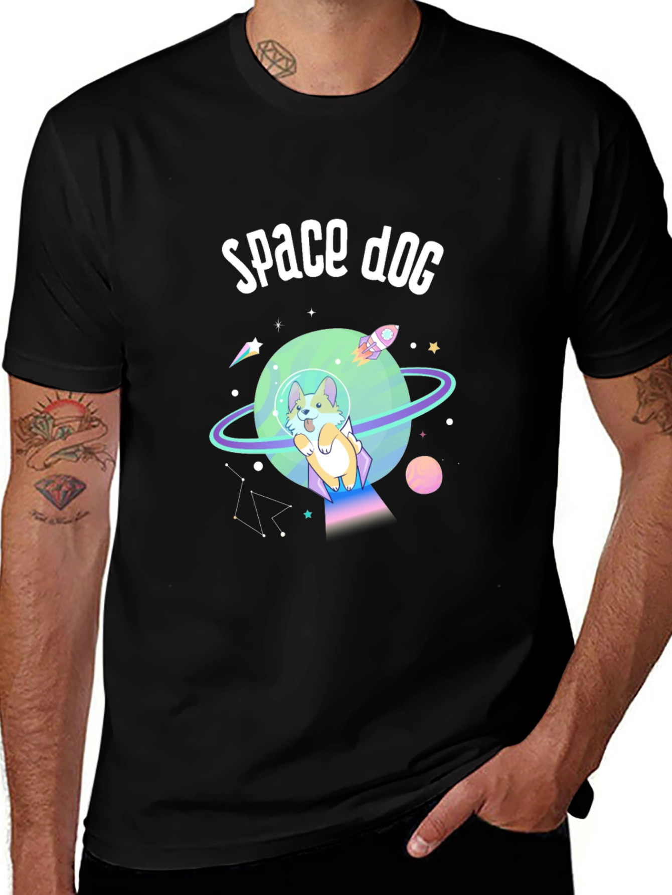 Space Dog Graphic T-Shirt - Black