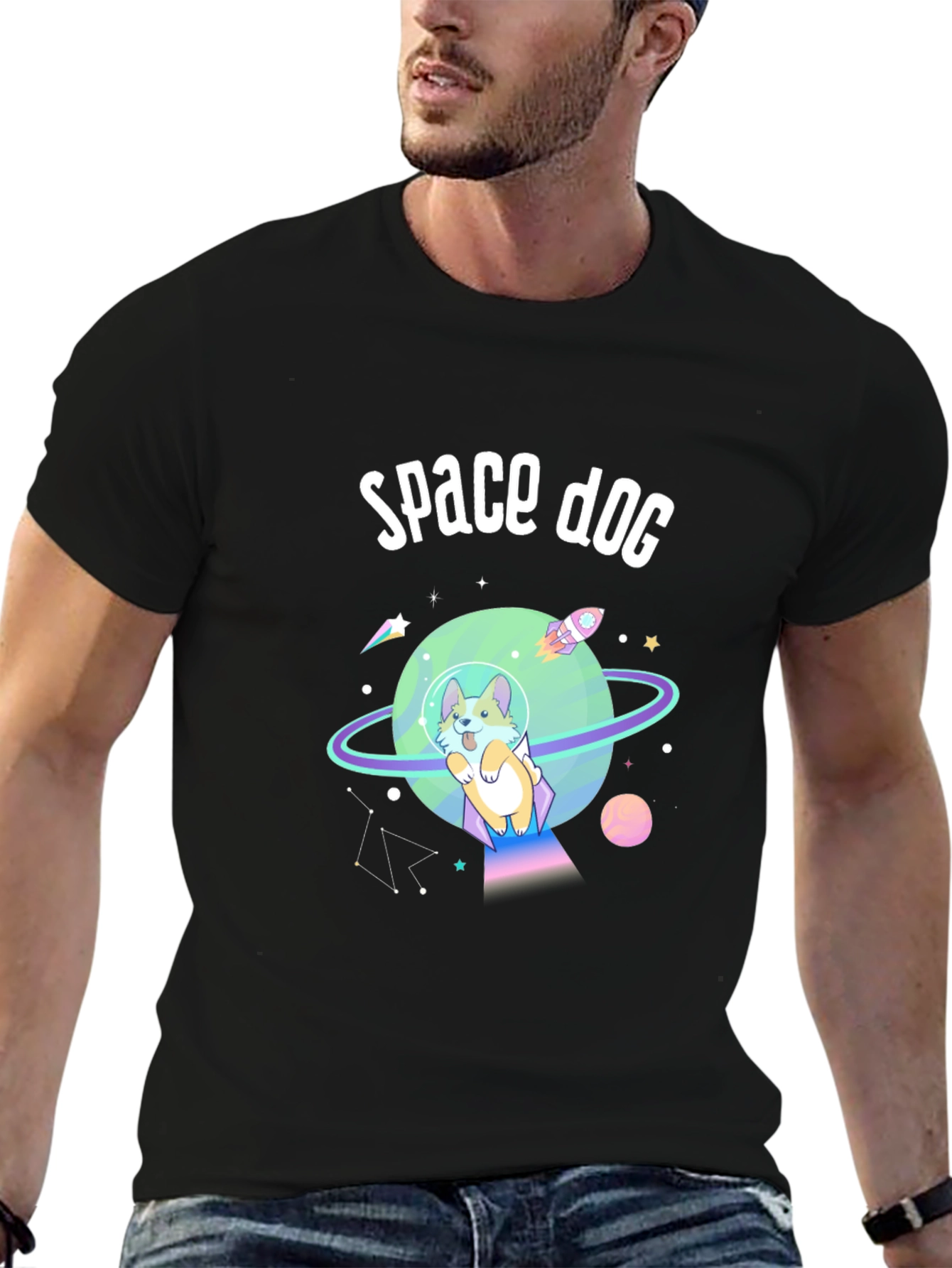 Space Dog Graphic T-Shirt - Black