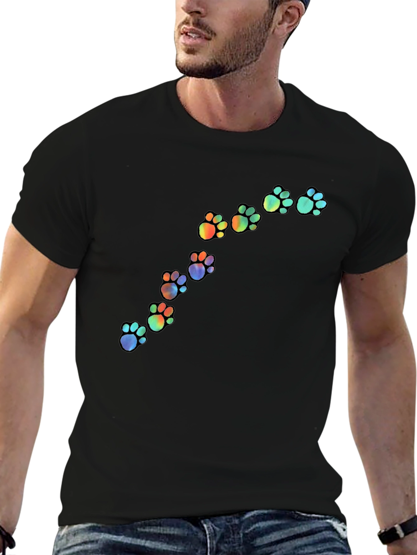 Rainbow Paw Print Black T-Shirt