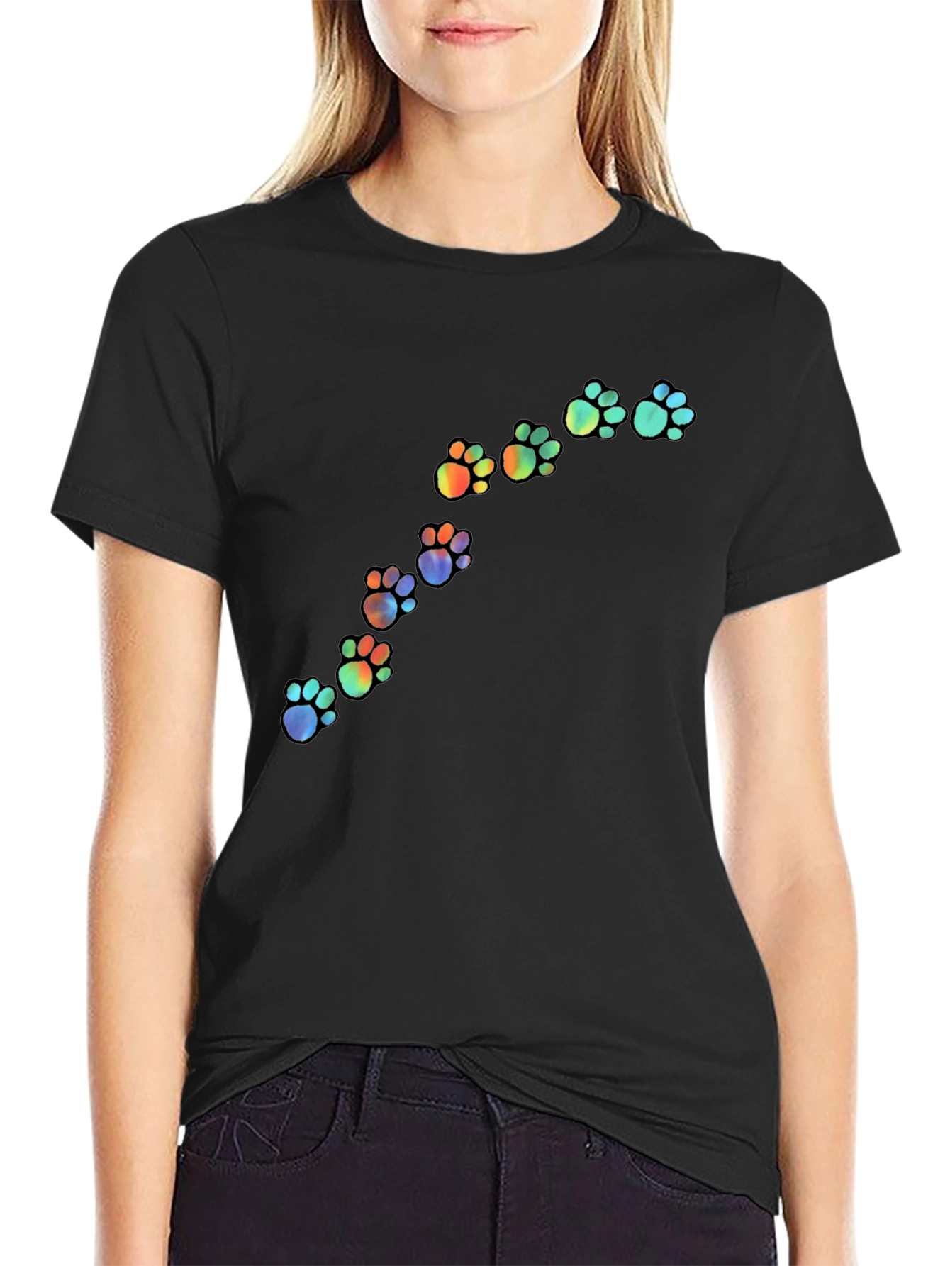 Rainbow Paw Print Black T-Shirt