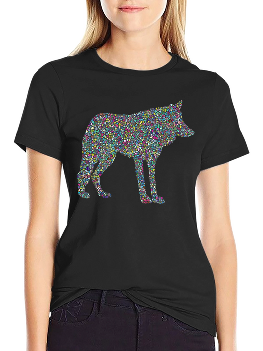 Colorful Mosaic Wolf Graphic Black T-Shirt