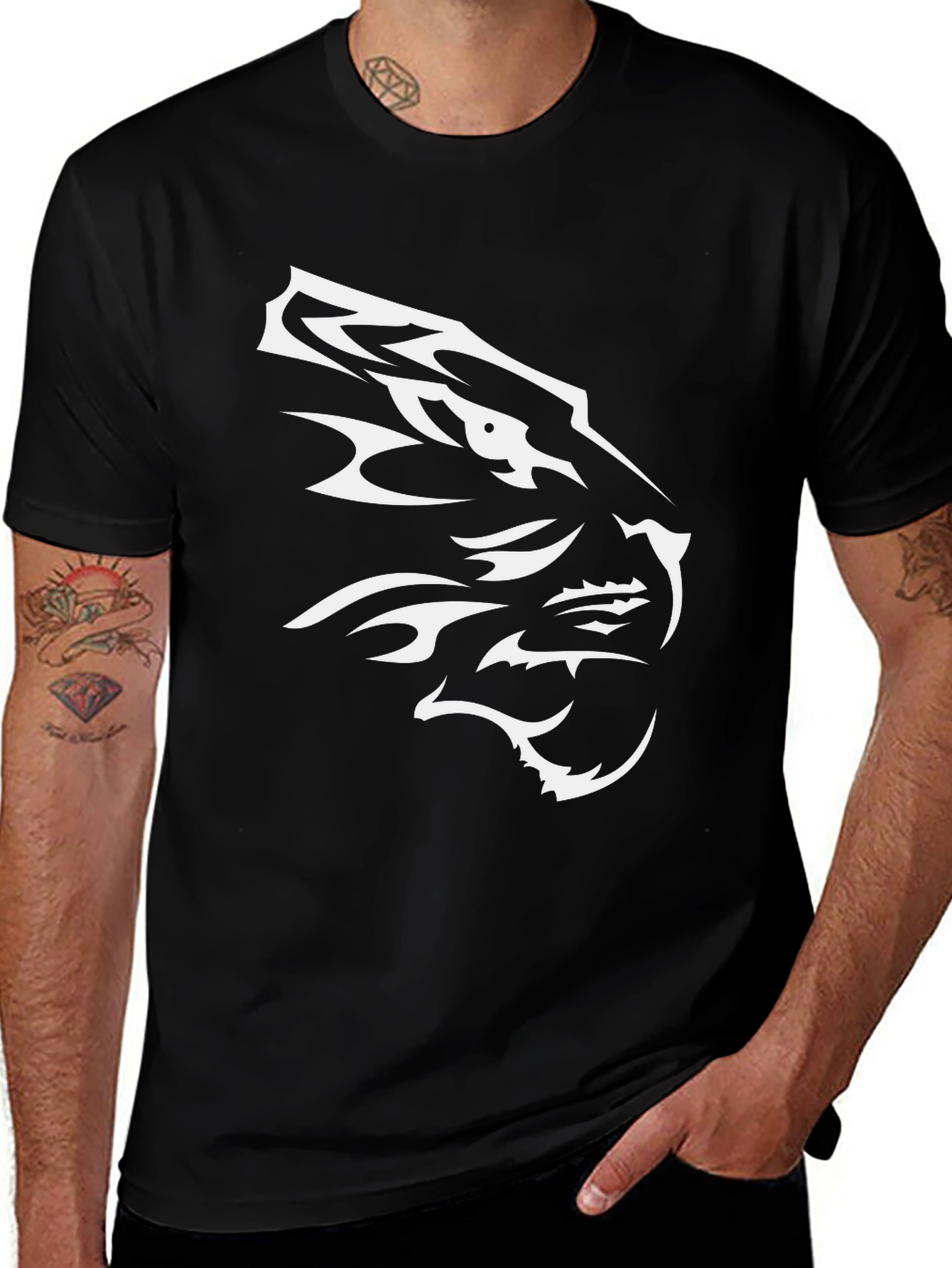 Black T-Shirt with White Tiger Design