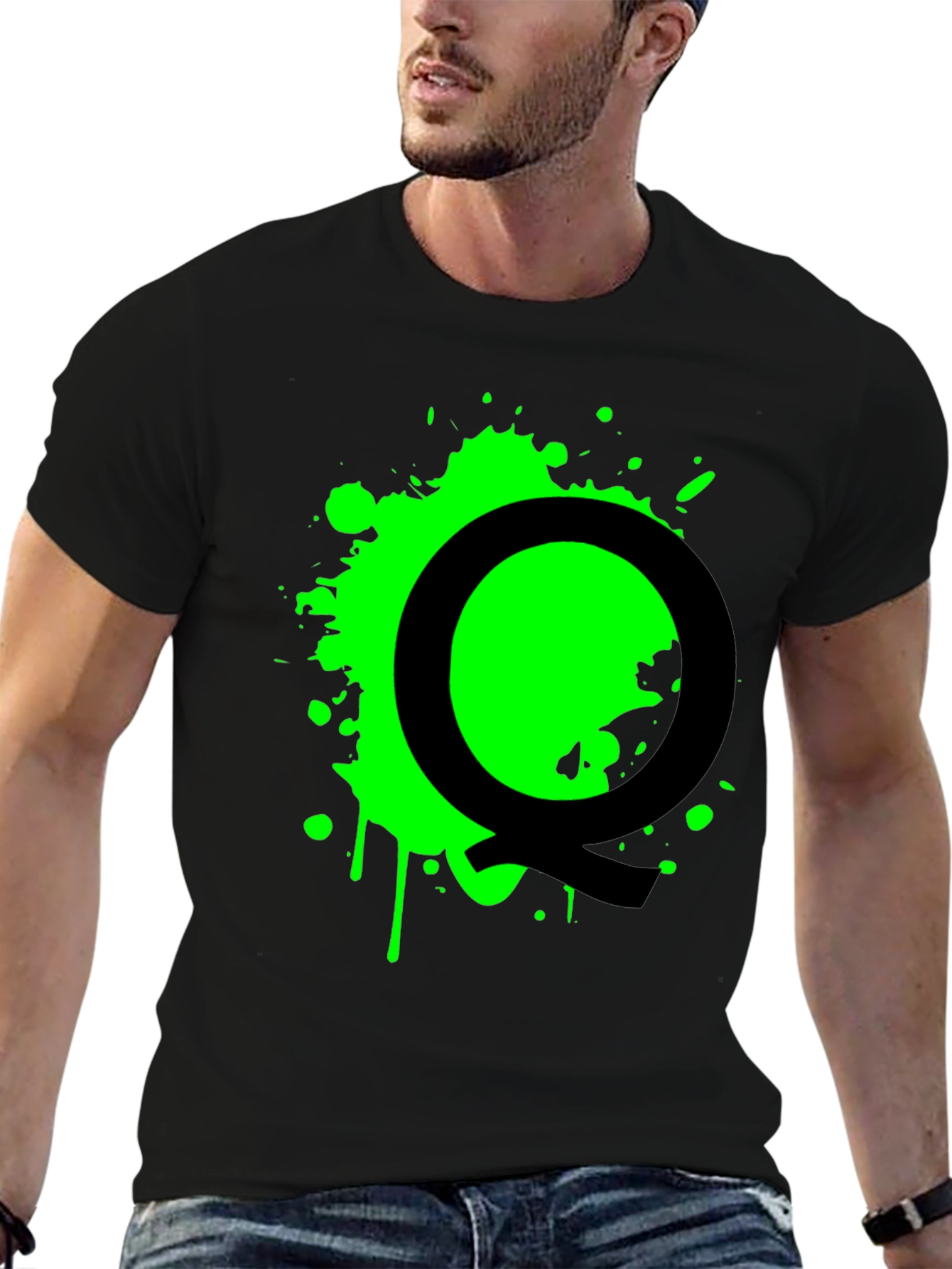 Black T-Shirt with Green Splatter Letter Q