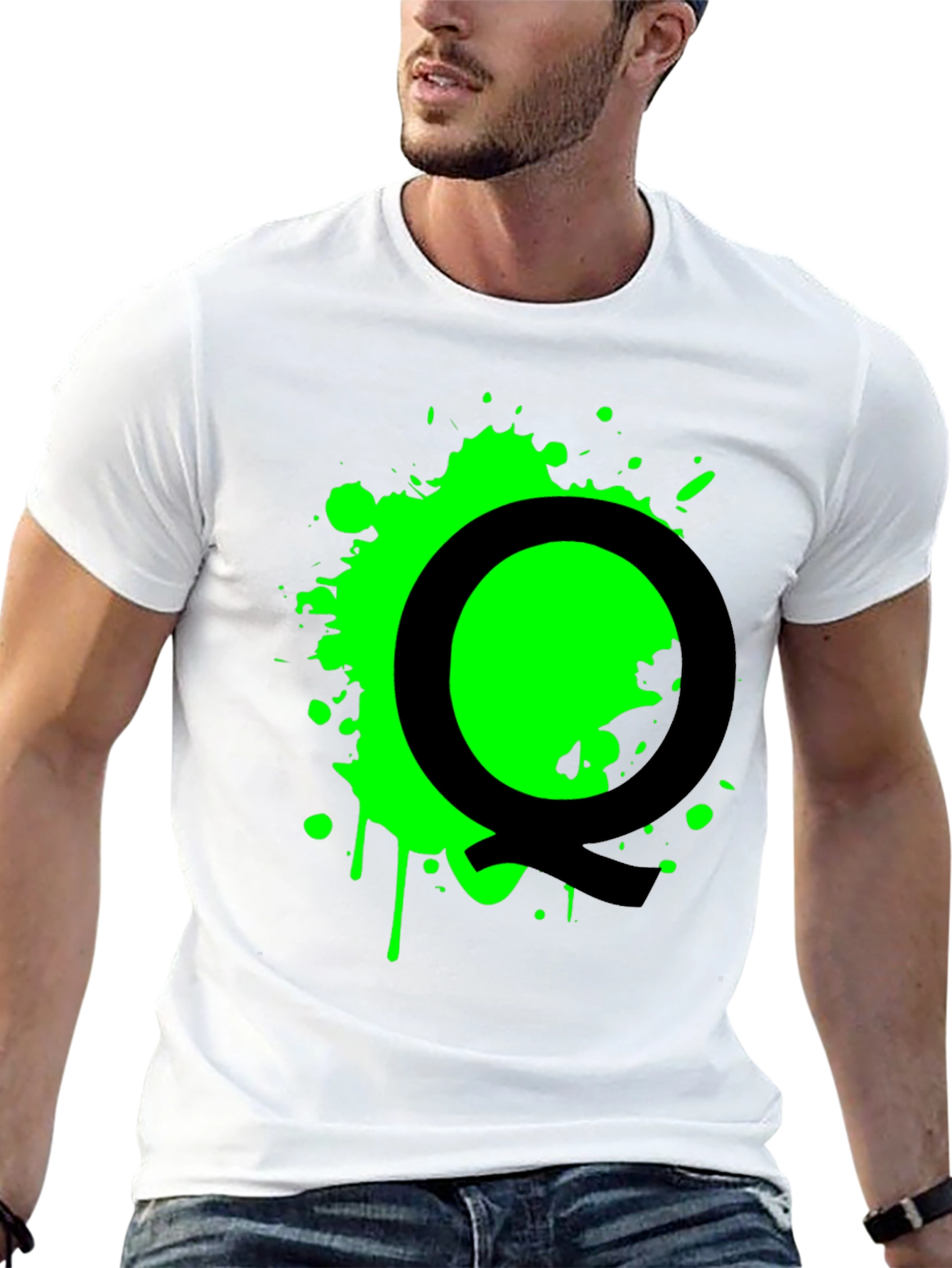 Black T-Shirt with Green Splatter Letter Q