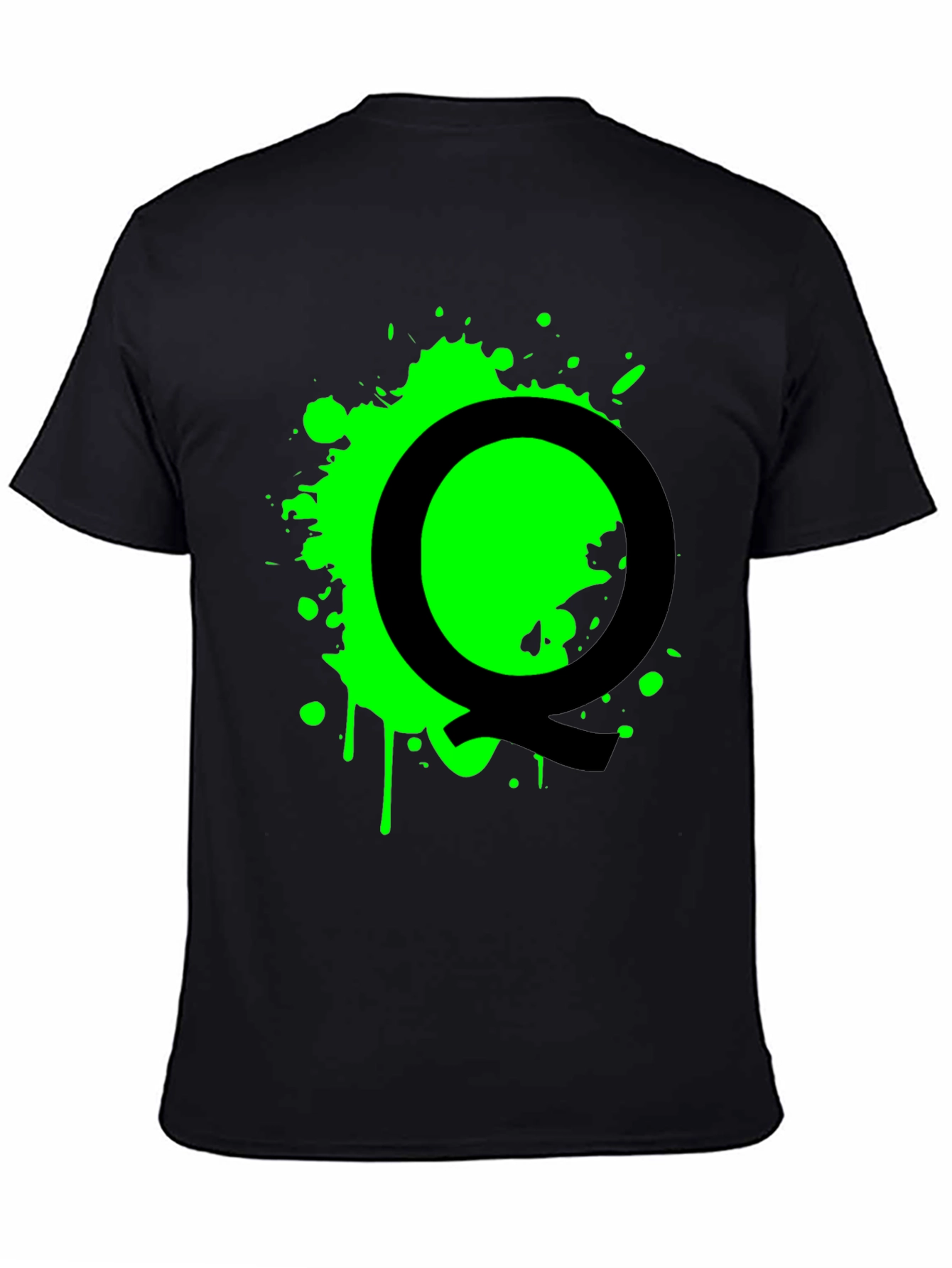 Black T-Shirt with Green Splatter Letter Q