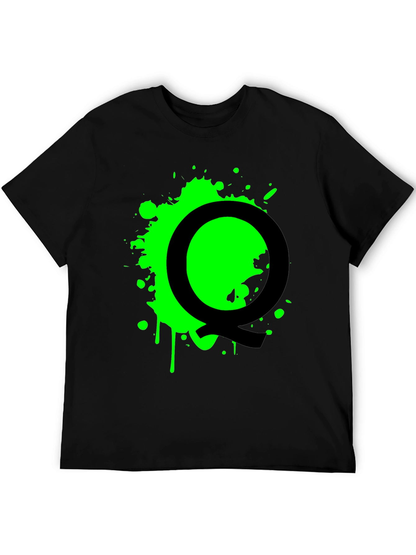 Black T-Shirt with Green Splatter Letter Q