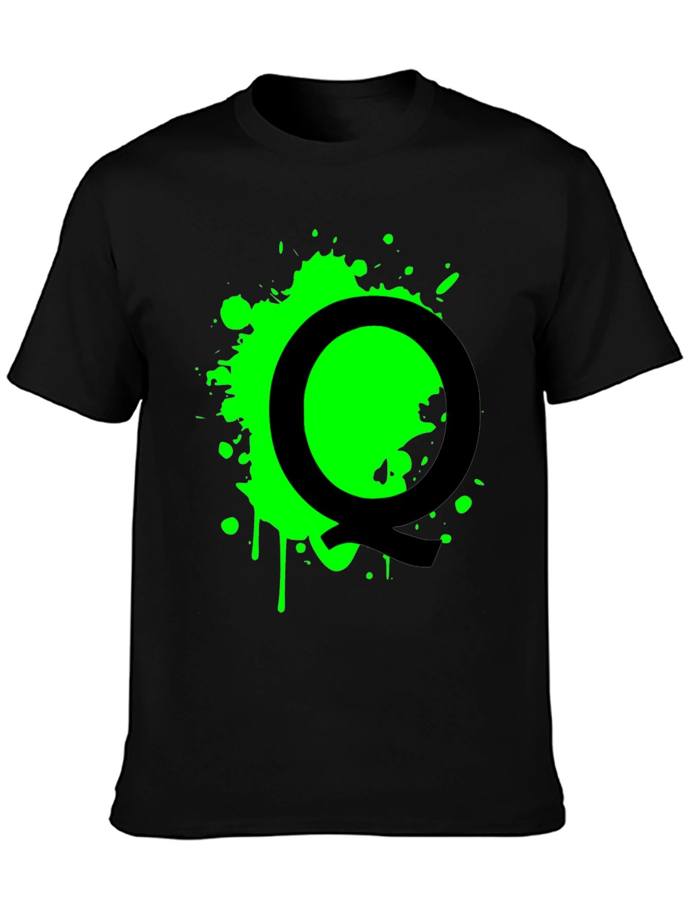 Black T-Shirt with Green Splatter Letter Q