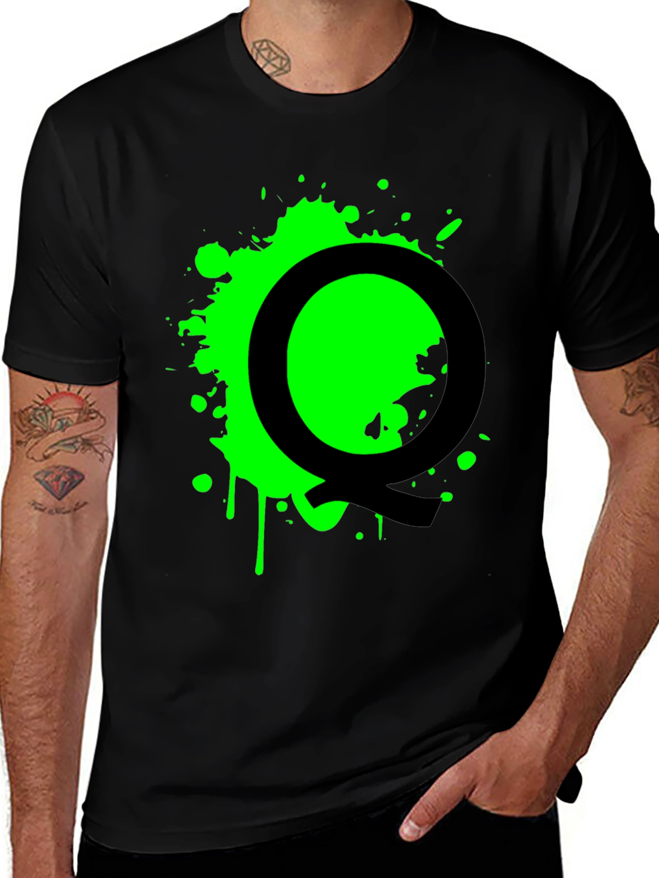 Black T-Shirt with Green Splatter Letter Q