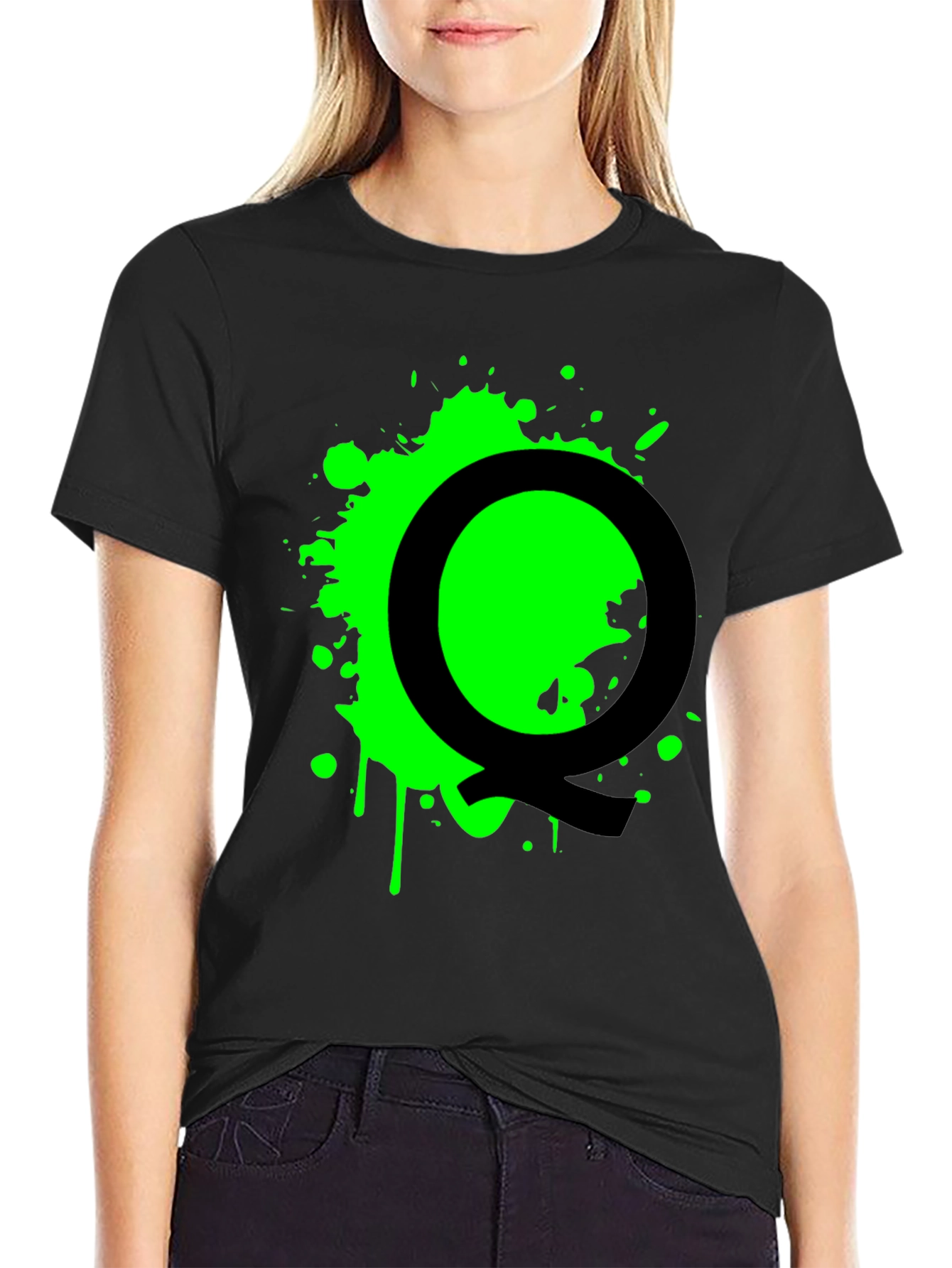 Black T-Shirt with Green Splatter Letter Q
